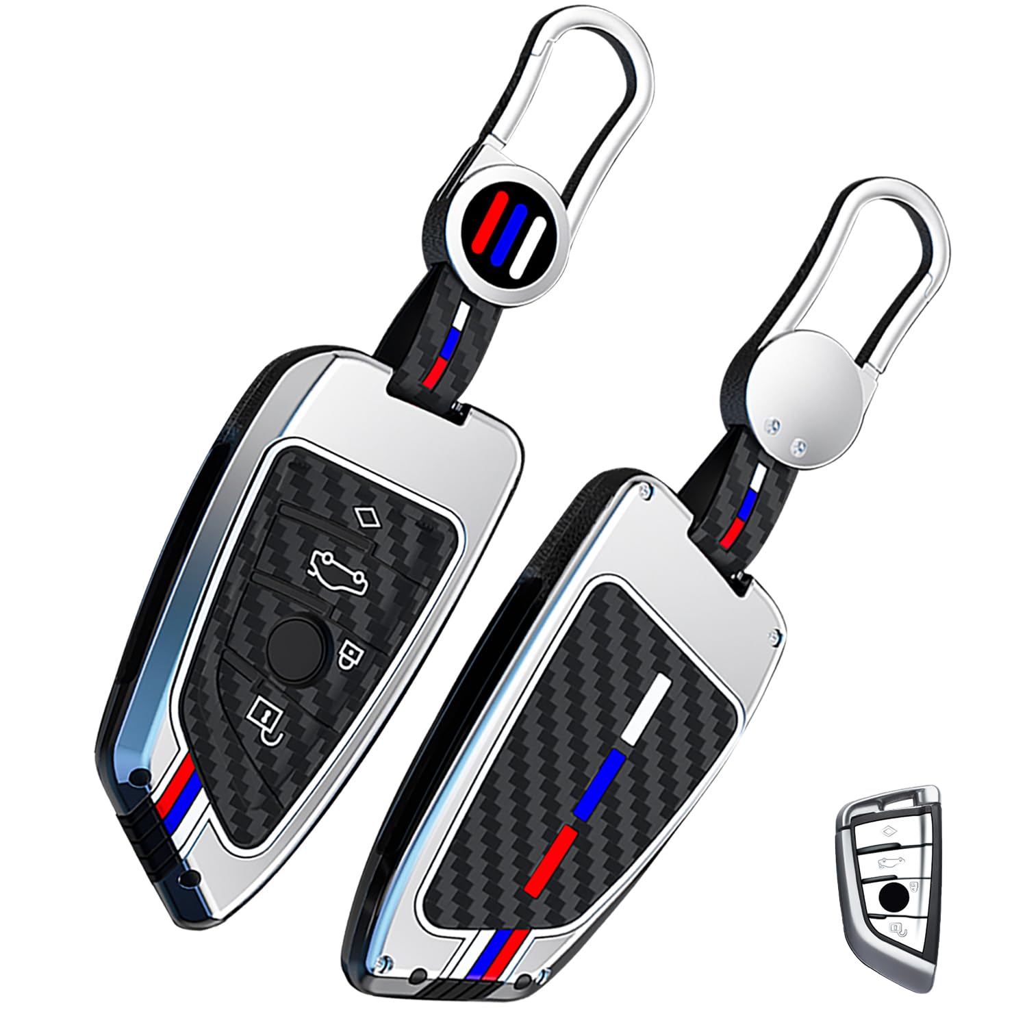 Ollen Heavy Zinc Alloy Key Fob Cover, Fit For Bmw 2 5 6 7 Series X1 X2 X3 X5 X6 Gt Series, Full Protection Remote Fob Cover With Carbon Fiber Pattern, Blade Shape, Silver(1 Pcs)