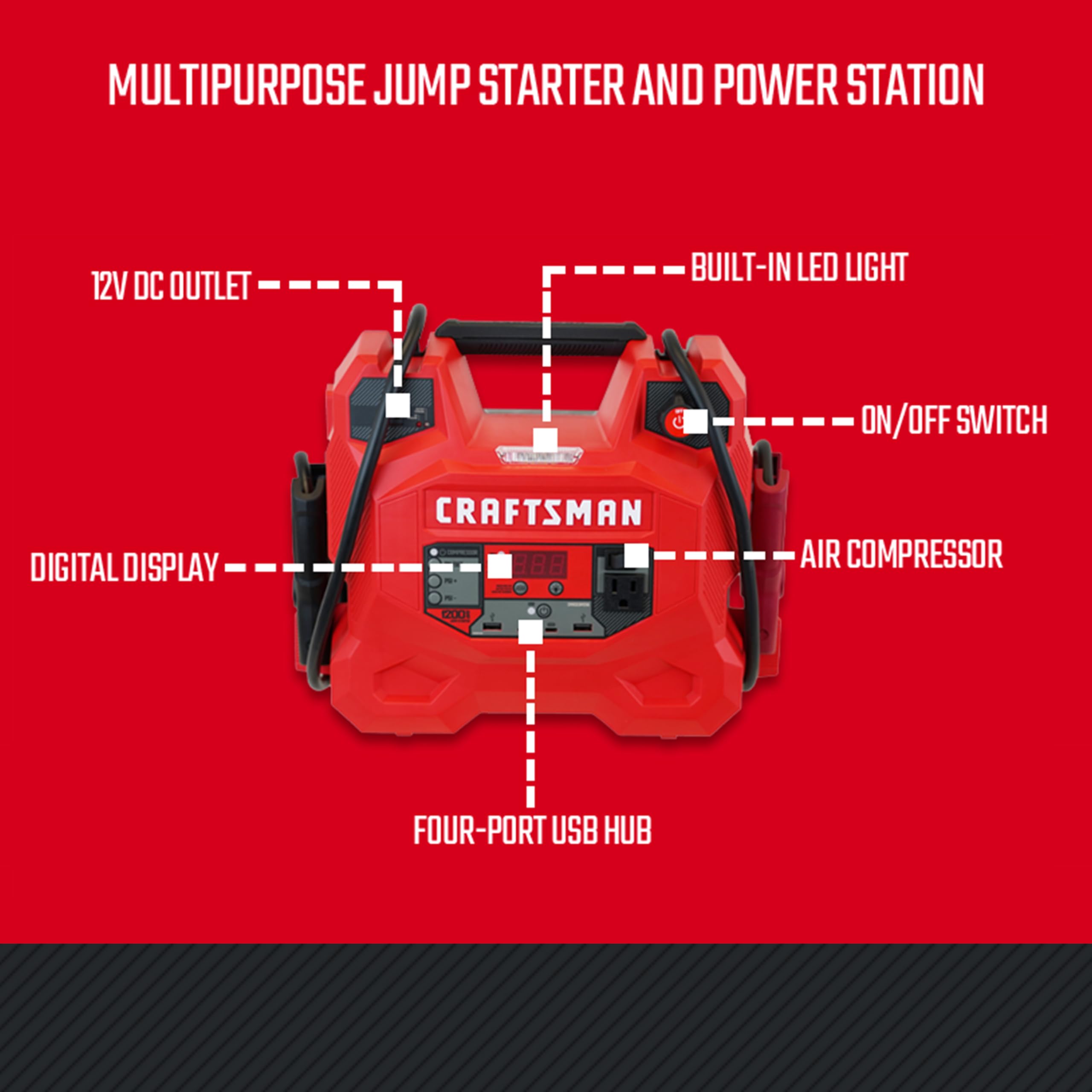 CRAFTSMAN Jump Starter and Portable Power Station, 100-PSI Air Compressor, CMXCESM256, 5-in-1, 1200 Amps, 12 Volt, 200 Continuou