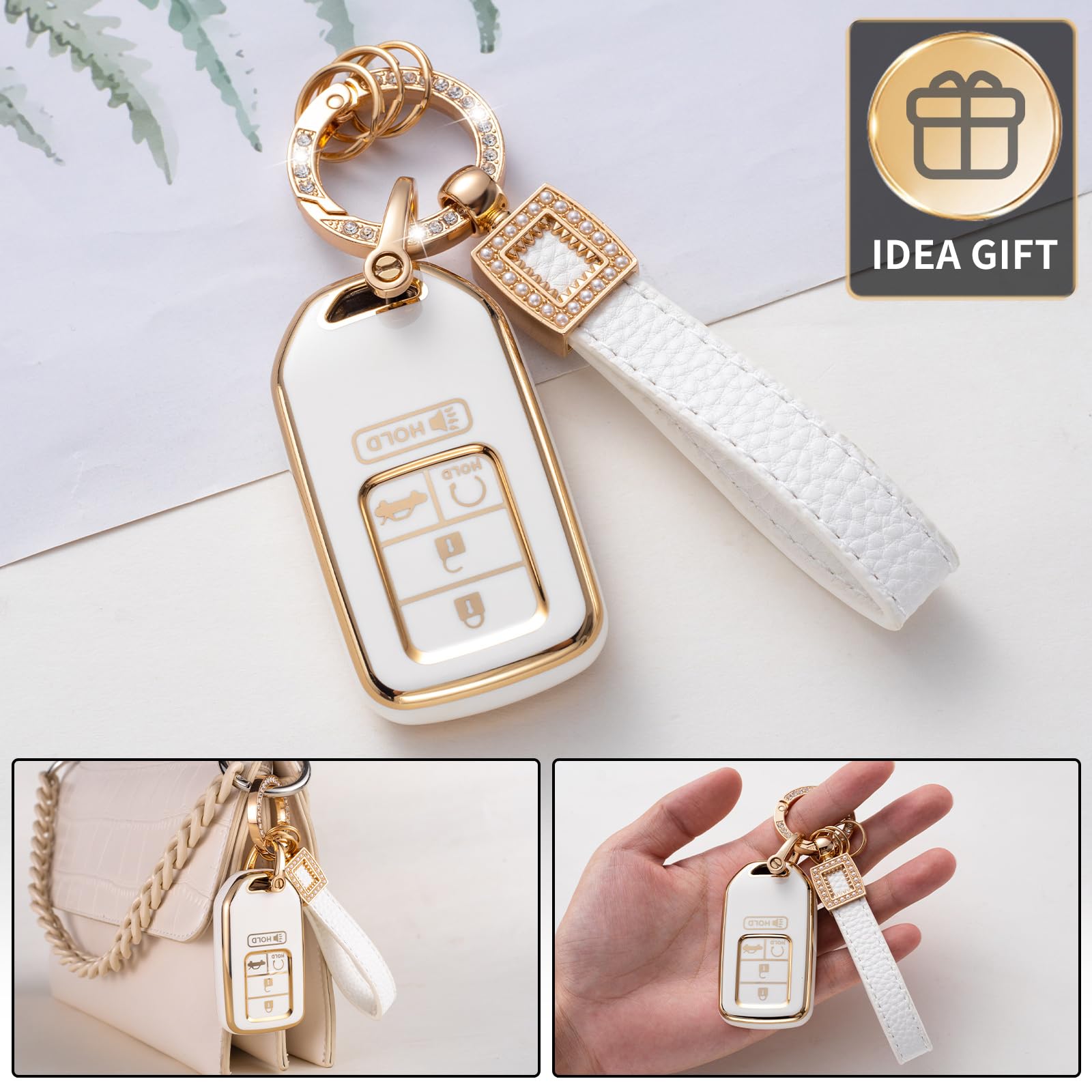 Cacarlike For Honda Key Fob Cover With Leather Lanyard, Car Key Fob Case Compatible With Honda Accord Civic Crv Odyssey Pilot Sm