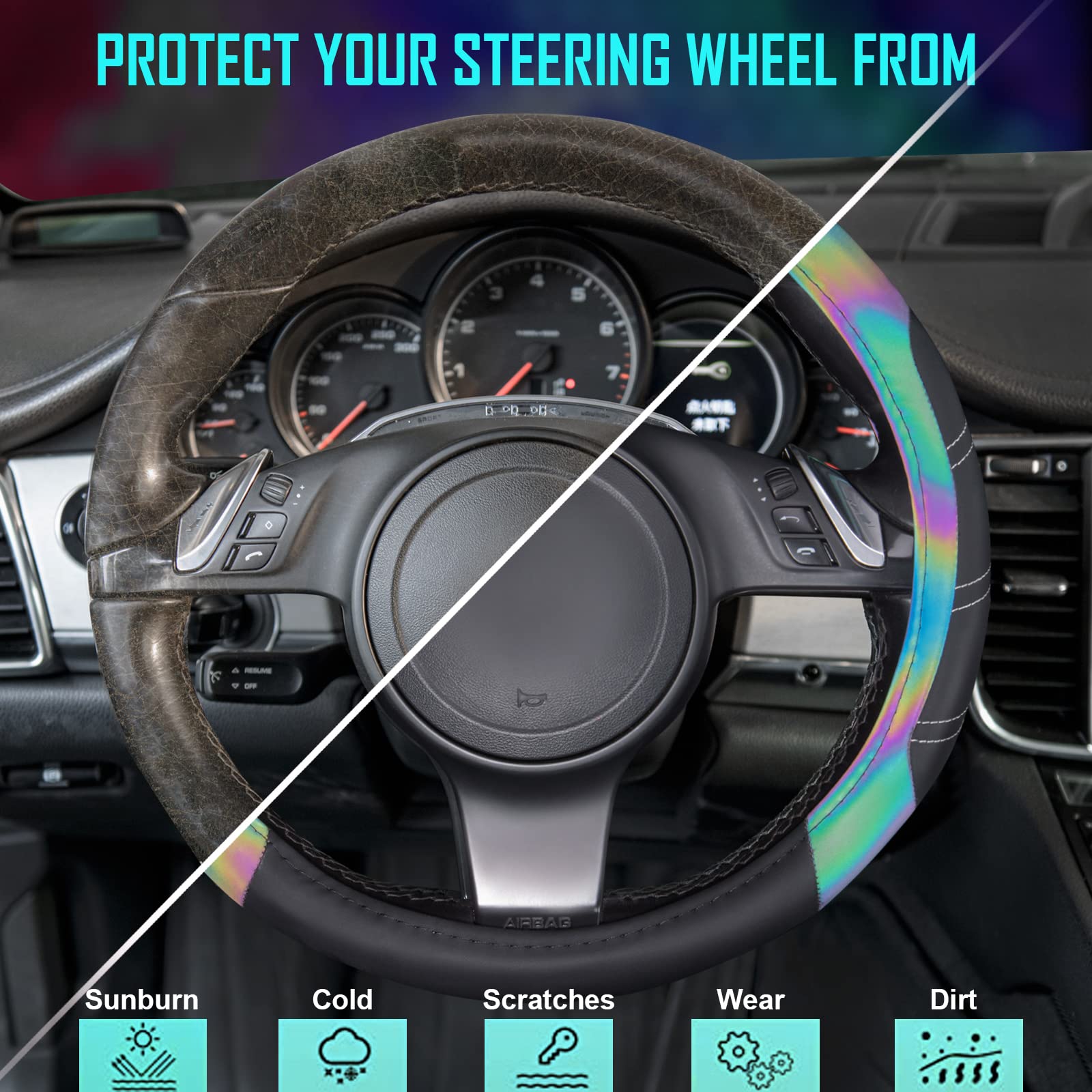 Car Pass Line Rider Microfiber 15.5-16 Inch Leather Sporty Steering Wheel Cover Universal Fits For 95% Truck,Suv,Pickup, Anti-Sl