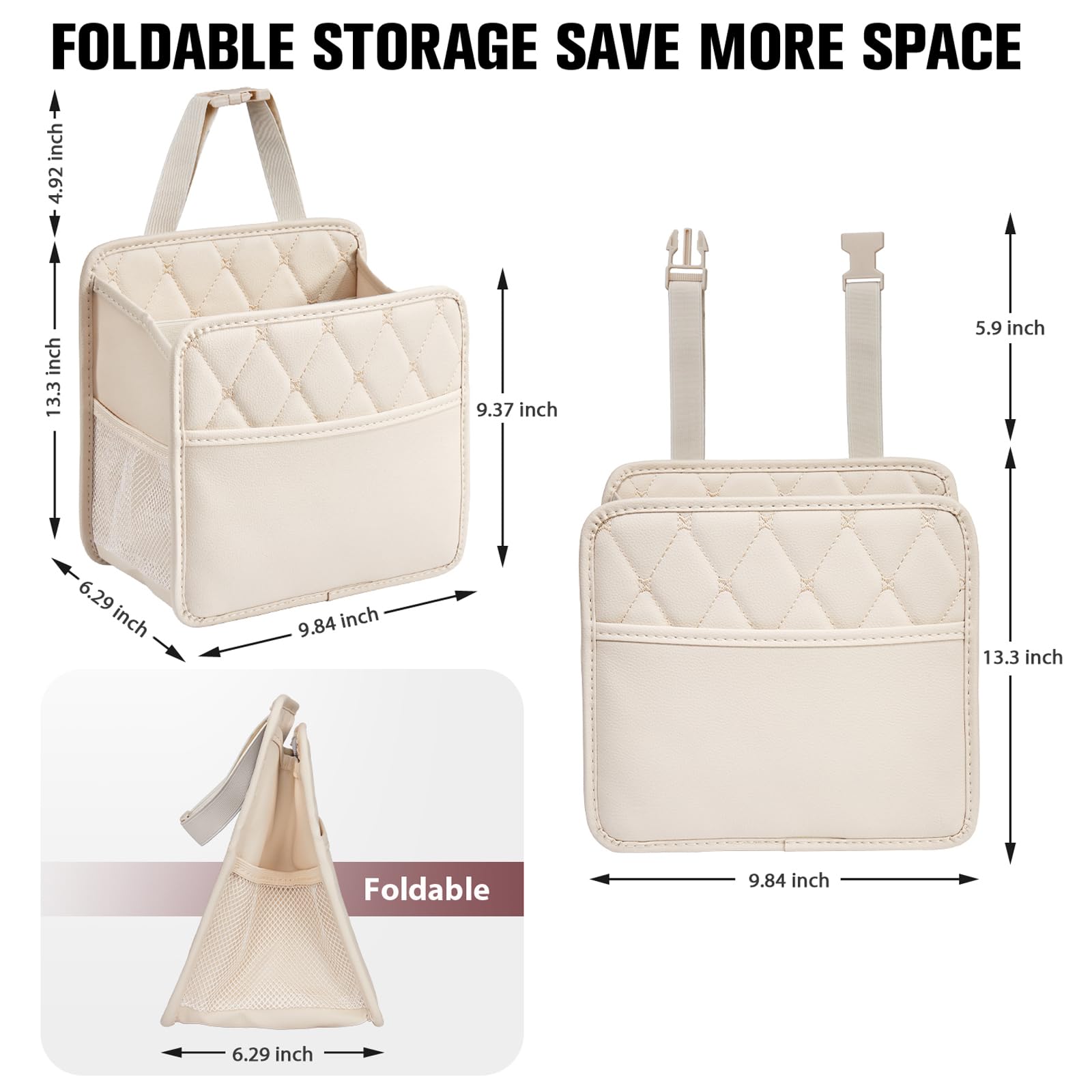 Lxunyi Universal Multifunctional Large Hanging Car Organizer - Beige, Foldable, Leather With Cup Holders, Back Seat Storage Bag