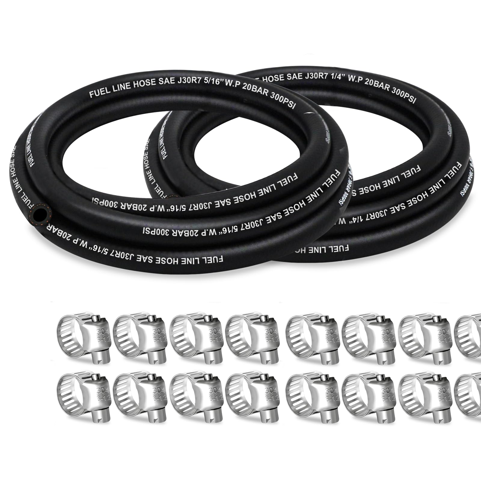 HOUSUN Fuel Line 1/4 5/16 Inch ID, Fuel Hose 10FT 300PSI High-Pressure with 20 Clamps., J30R7 Fuel Line Hose NBR.