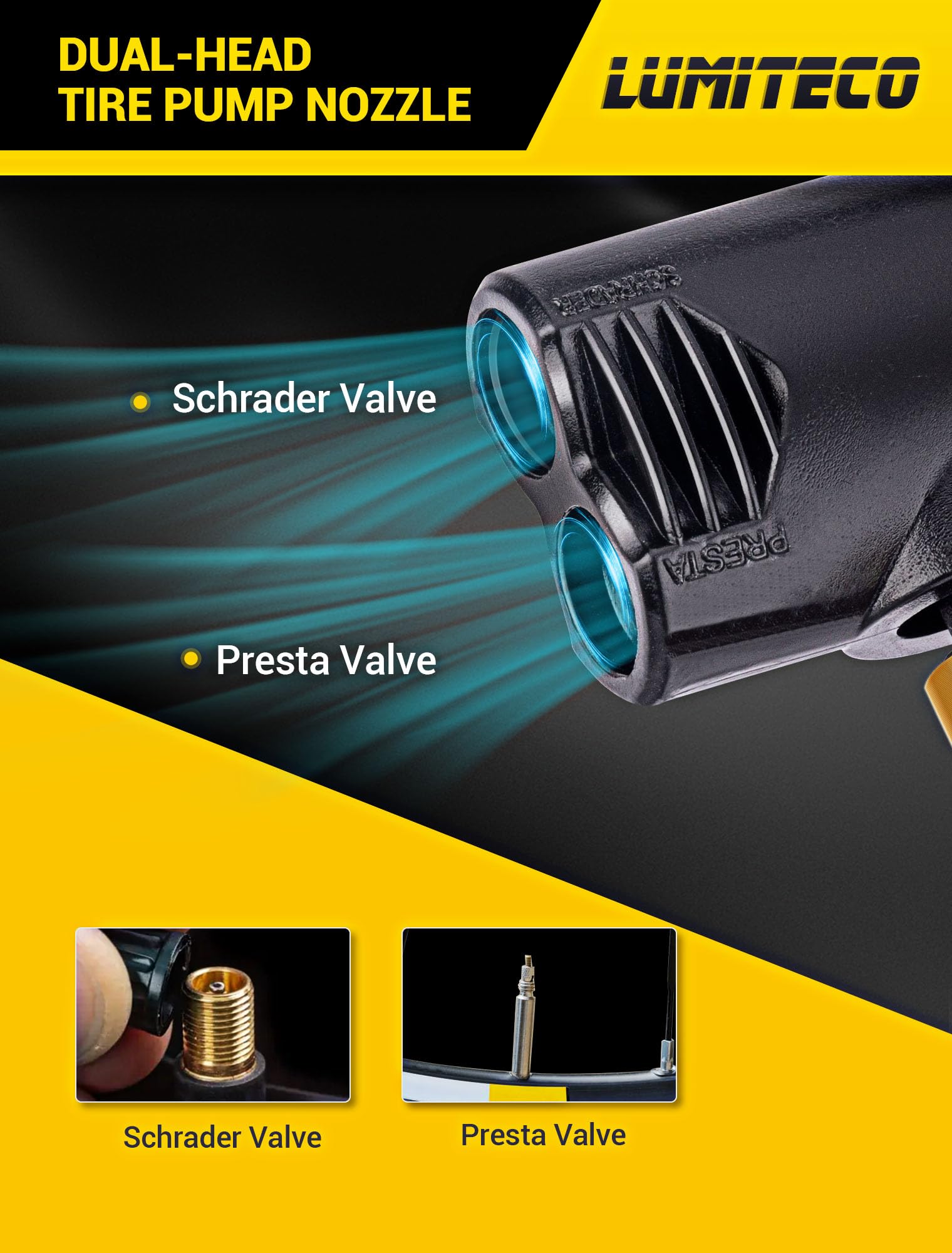 LUMITECO Dual Head Air Chuck for Bike Tires, Presta & Schrader Valve Adapter, Compact Design, Model 649226714553