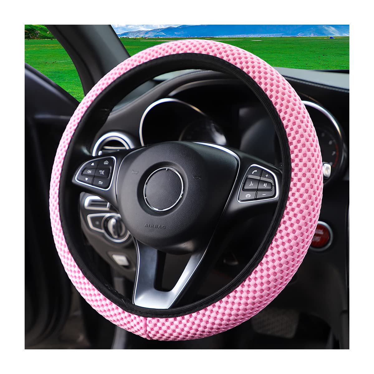 Moly Magnolia Elastic Stretch Steering Wheel Cover, Universal 15 Inch Auto Steering Wheel Cover, Microfiber Breathable Ice Silk,