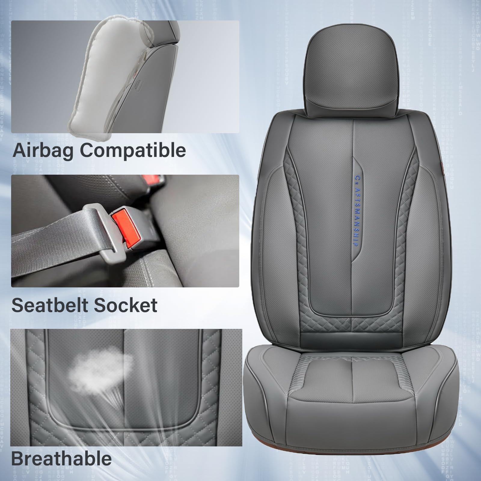 Coverado Car Seat Cover Full Set, Gray Seat Covers Front Seats Back Seat Covers, Nappa Leather Waterproof, Car Seat Cushion, Car