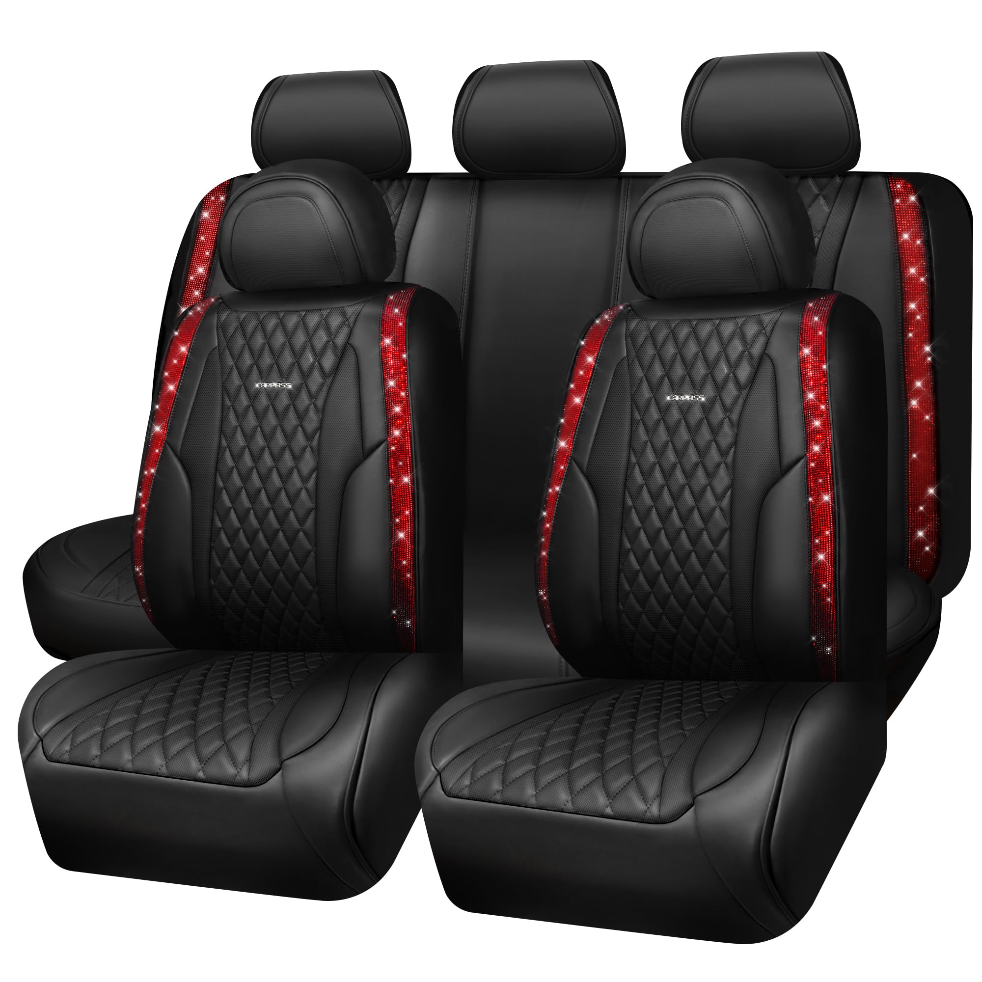 Car Pass Nappa Leather Bling Diamond Black Red Seat Covers Full Set, Waterproof Calfskin Heavy-Duty Anti-Slip, Universal Fit For