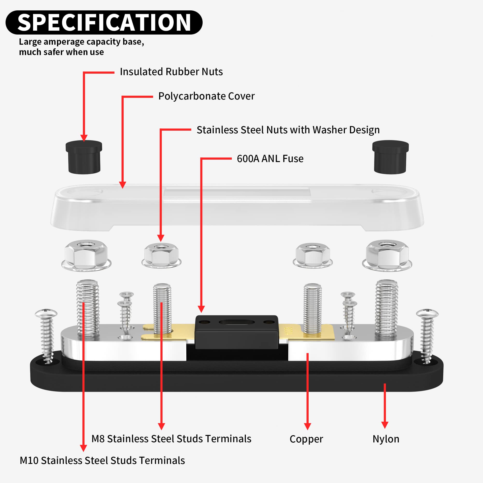 Daiertek Anl Fuse Holder With 600 Amp Anl Fuse M10 Stud Terminals Max 750A Marine Anl Fuse Block With Gold Plated 600A Anl Fuse For Automotive Car Truck Boat