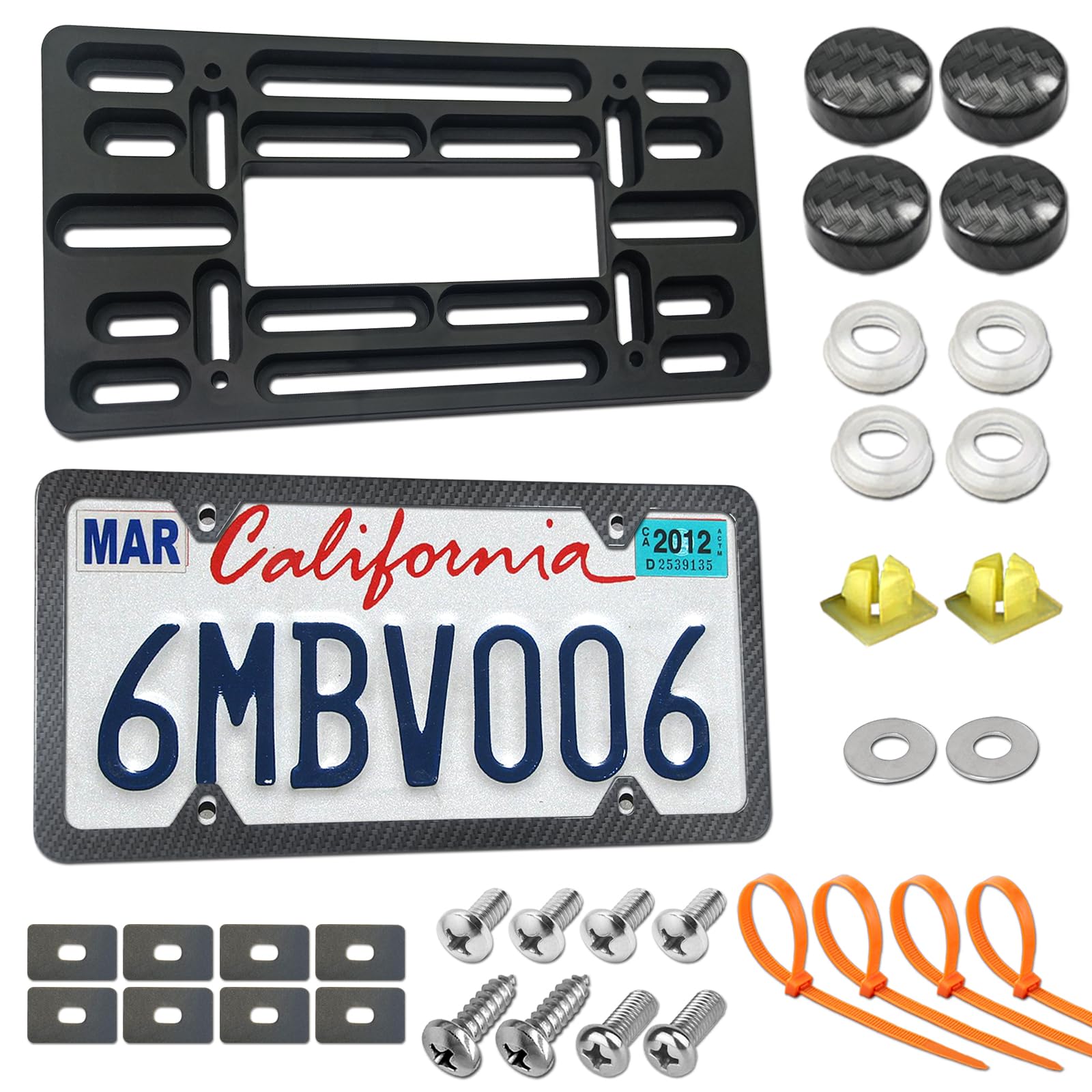 Zxfoog Front License Plate Mounting Kit- Bumper License Plate Bracket & Aluminum Carbon Pattern Car Tag Frame, Universal No Drilling Hole Adapter For Truck/Trailer, With Screws Cap, Rattle Proof Pad