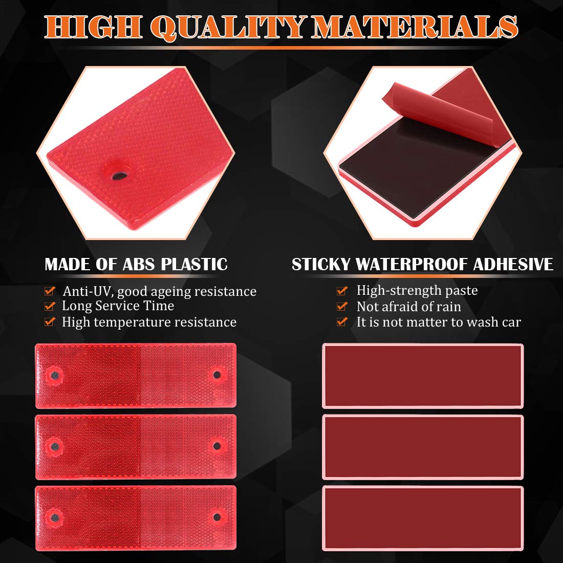 Rustark 20 Pcs Red Plastic Rectangular Stick-On Car Reflector Sticker Waterproof Reflector Tape Self-Adhesive Conspicuity Safety