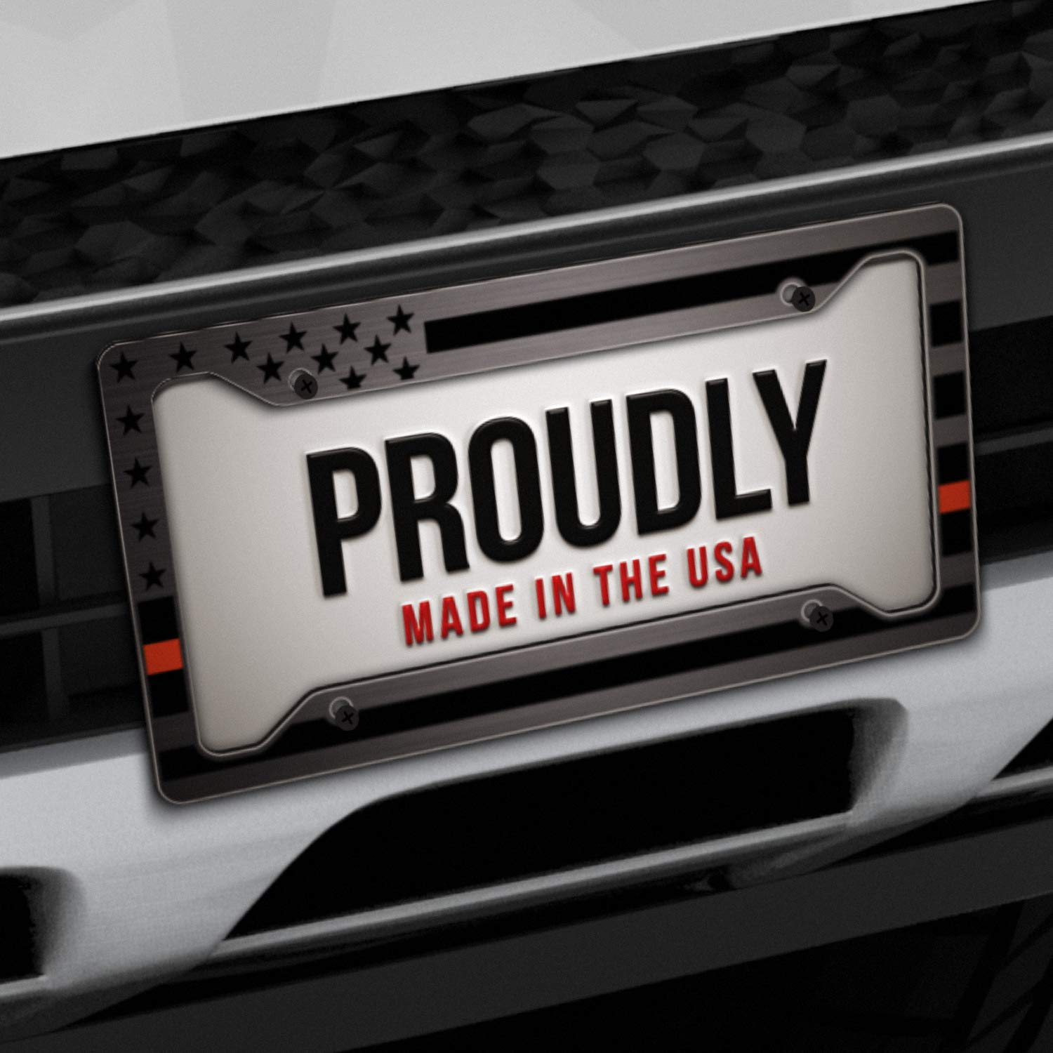 American Flag License Plate Frame - Thin Orange Line- Car Tag Frame -Orange On Brushed Search And Rescue Sar