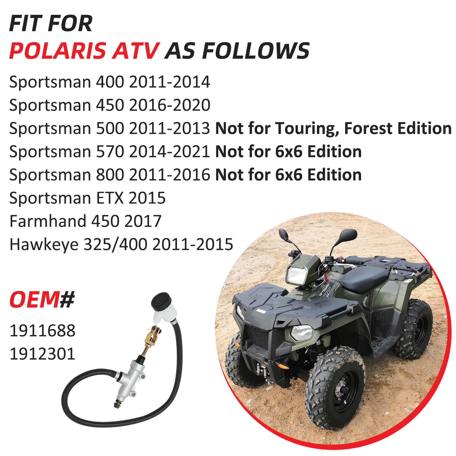 Rear Brake Master Cylinder For 2011-Up Polaris Sportsman 400 450 500 570 800 Etx Hawkeye,Oem# 1911688 1912301