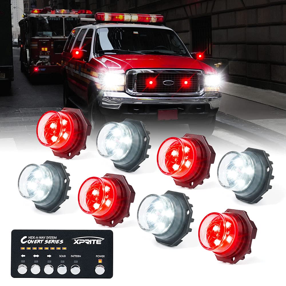 Xprite White Red Led Hideaway Strobe Lights Kit, 20 Flashing Patterns W/Control Panel Headlights Taillights Fog Light Interior M