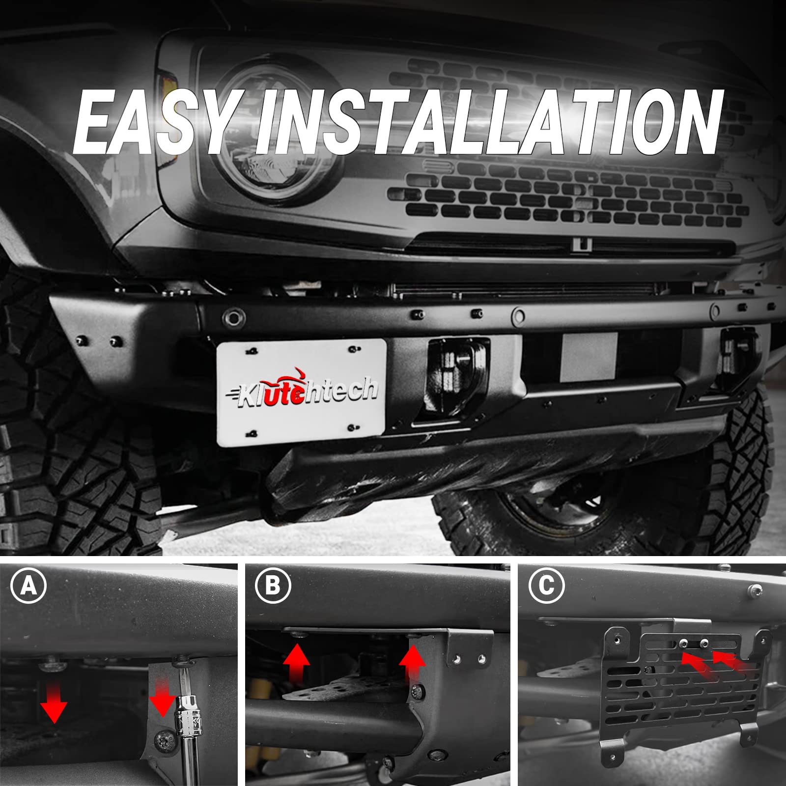 Klutchtech Bronco License Plate Holder 2021-2024, Front Plate Frame For Modular Steel Bumper Compatible With Bronco Accessories