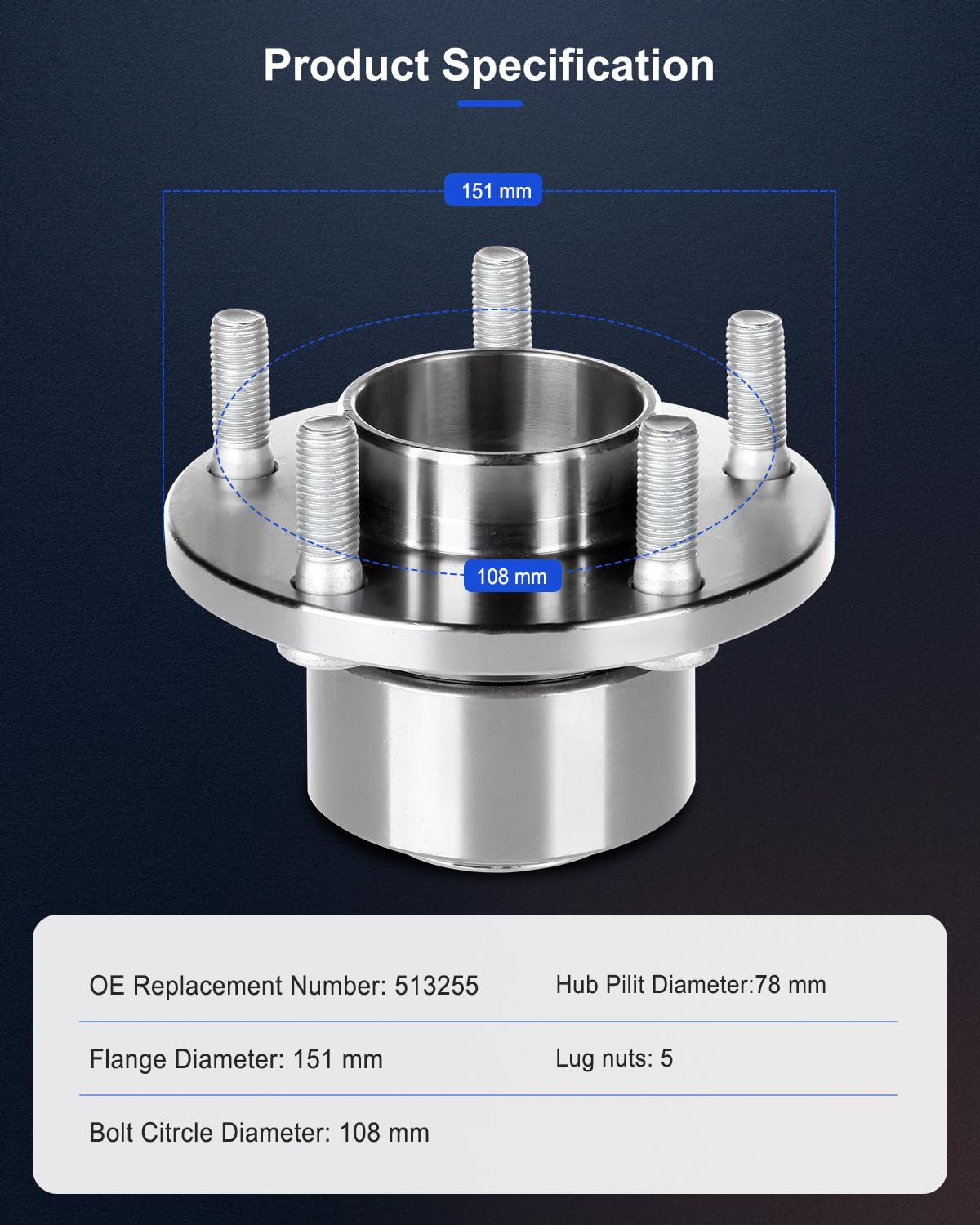 ECCPP 513255 Front Axle 5 Lugs Hub Bearing Assembly for Volvo C30 2008-2009, C70 2006-2009, S40 2004-2009, V50 2005-2009