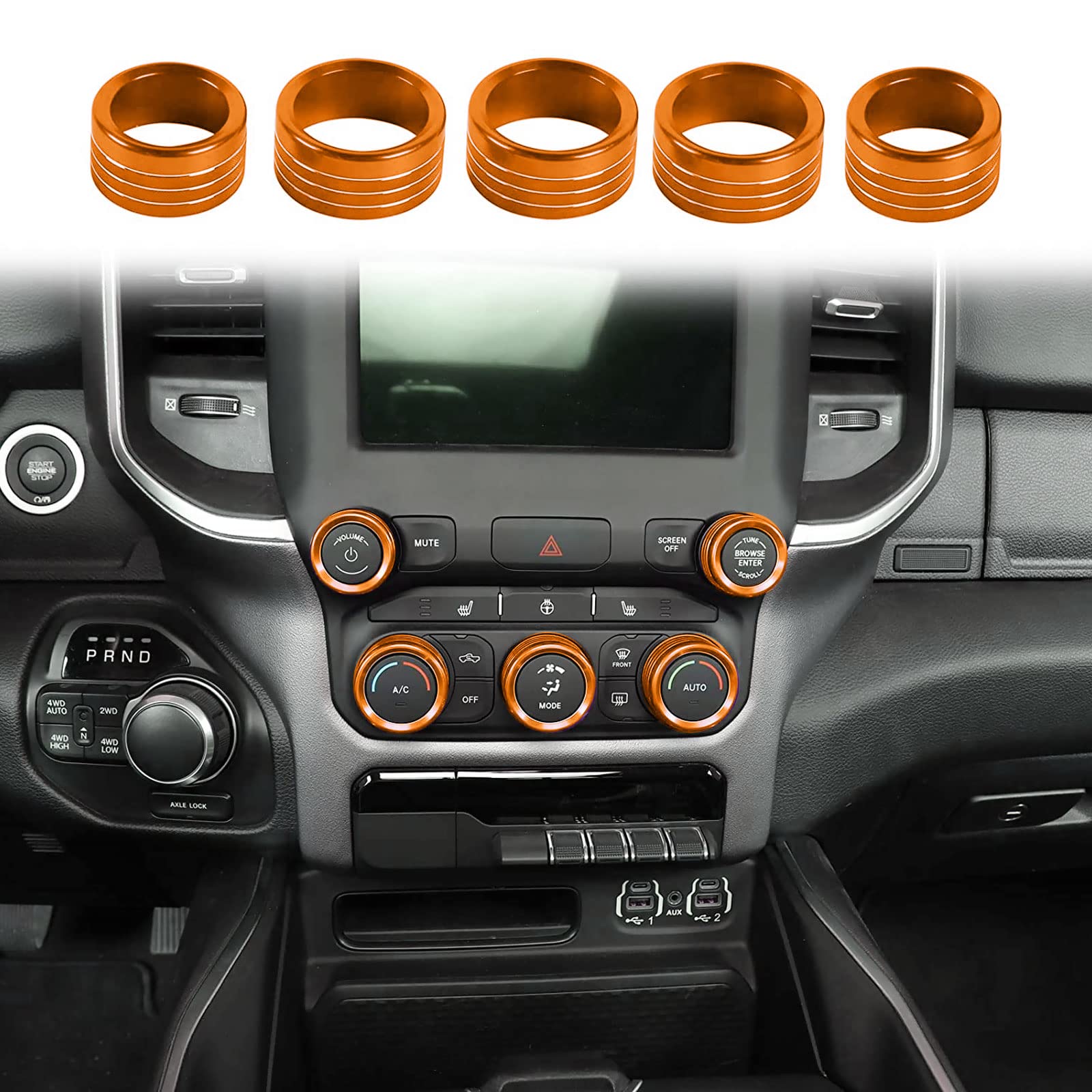 Voodonala for Dodge RAM Aluminum Center Console AC Radio Switch Knob Cover for 2018-2025+ RAM Interior Accessories, 5pcs Orange