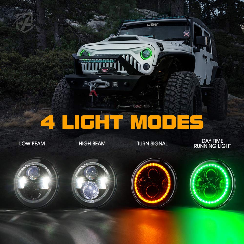 Xprite 7 Inch 90W Led Headlights With Green Halo Compatible With 1997-2018 Jeep Wrangler Jk Tj Lj (Dot Approved), Led Chip, 9600
