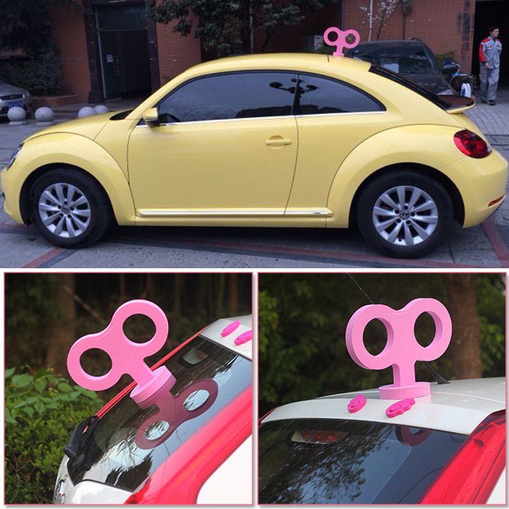 3D Car Wind Up Key, Cute Clockwork Wind Up Key for Back of Car Roof Decoration (Pink)