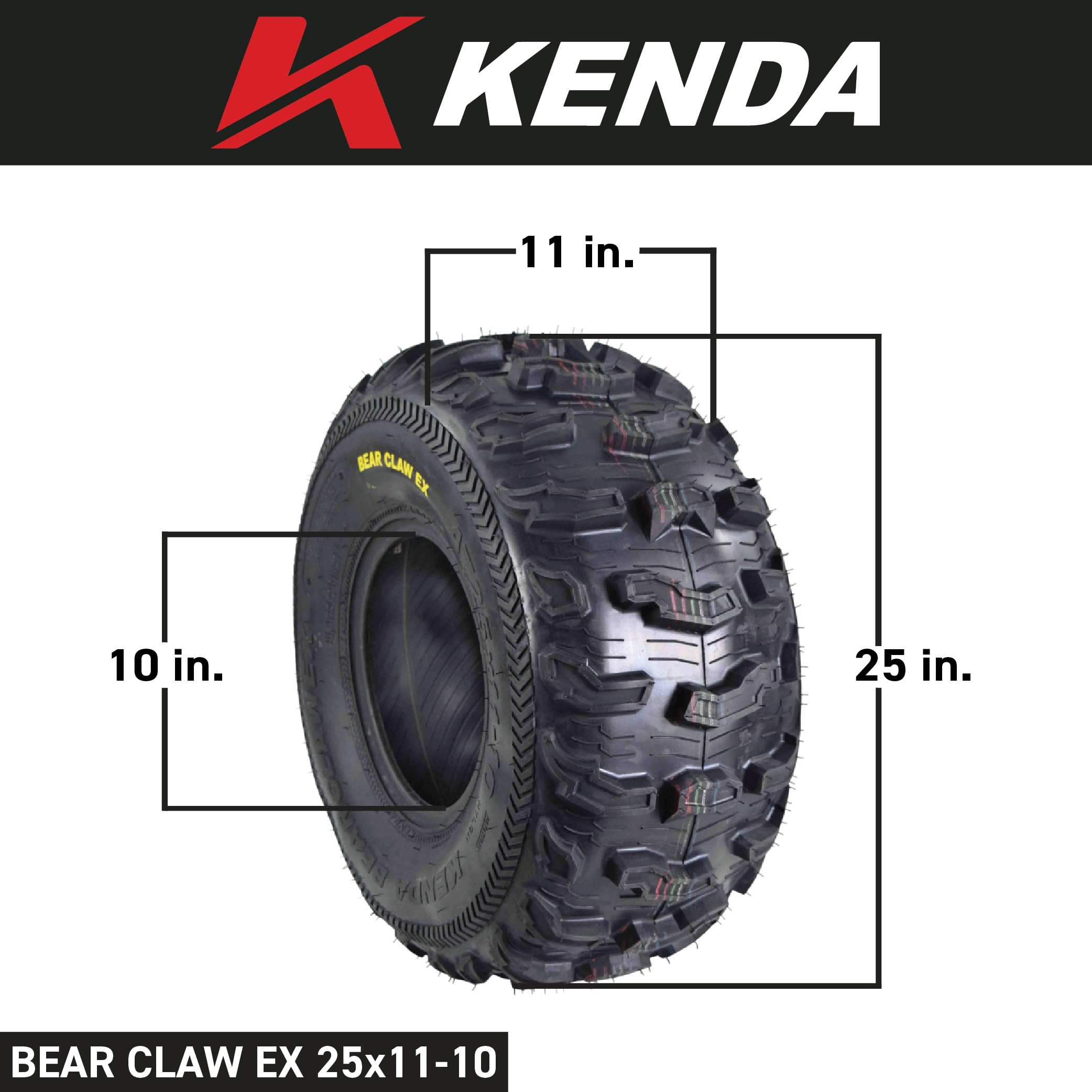 Kenda Bearclaw Ex K573-25X11-10 Rear Tire For All Terrain (Atv), Utv, And Side By Side (Sxs) Vehicles - 6-Ply - Bear Claw Ex 25X