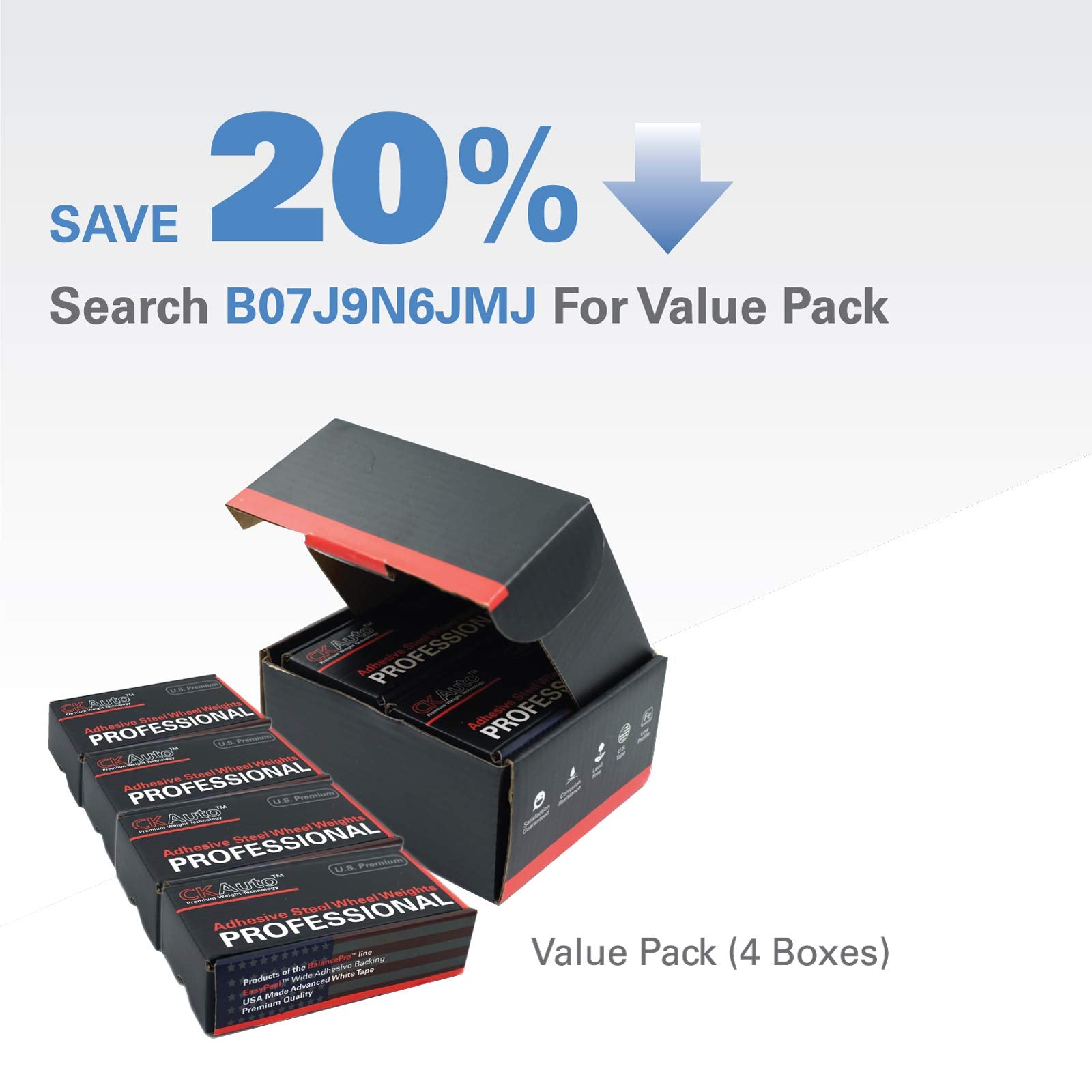 Ckauto 4 Boxes, 288Pcs, 1Oz, Black, Adhesive Stick On Wheel Weights, Easypeel Tape.Low Profile, 72 Oz/Box, Us Quality