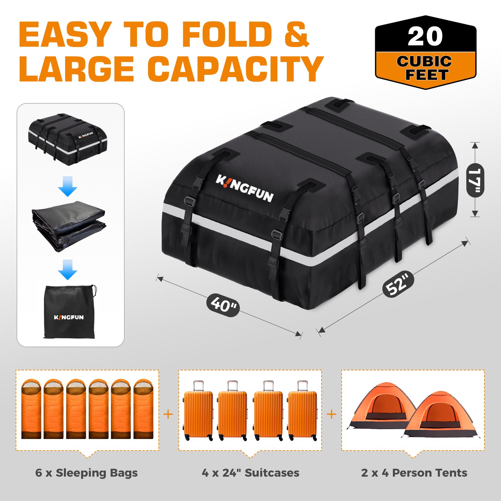 Kingfun Rooftop Cargo Carrier - Waterproof 20 Cubic Feet Car Roof Bag for All Vechicles with/Without Racks, Includes Anti-Slip M