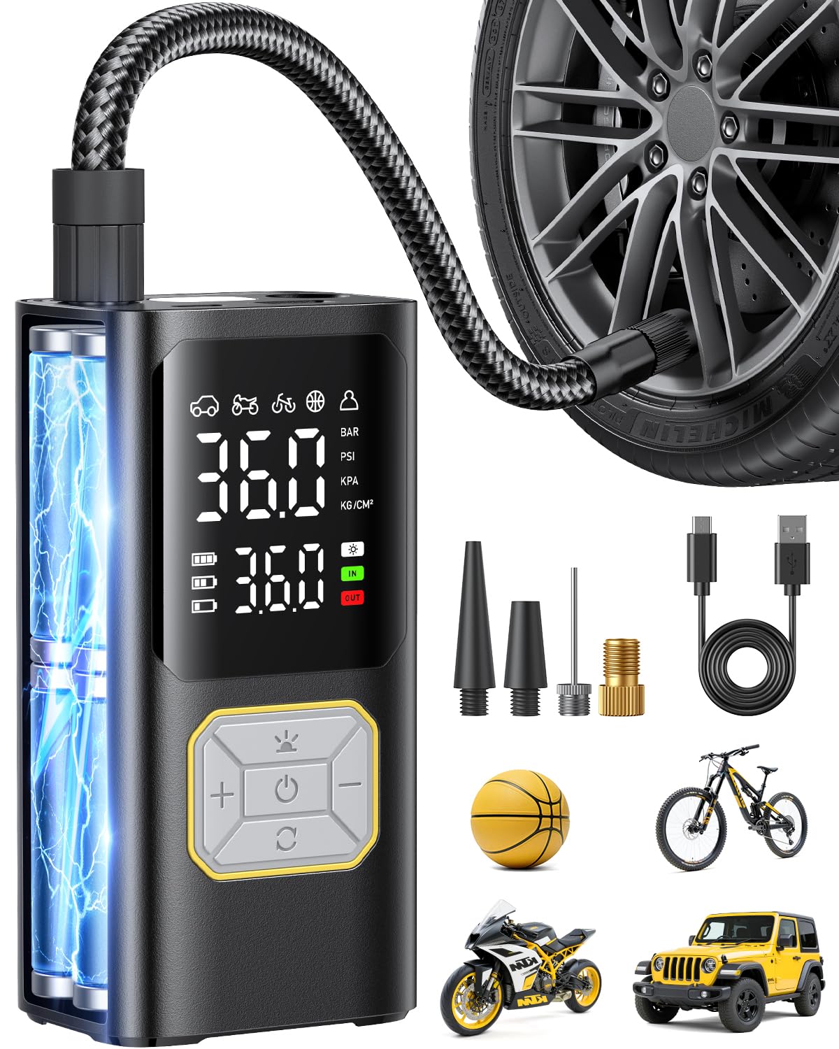Tire Inflator Portable Air Compressor, 150PSI Air Pump for Car Tires, Cordless Air Compressor Pump with Digital Pressure Gauge, 