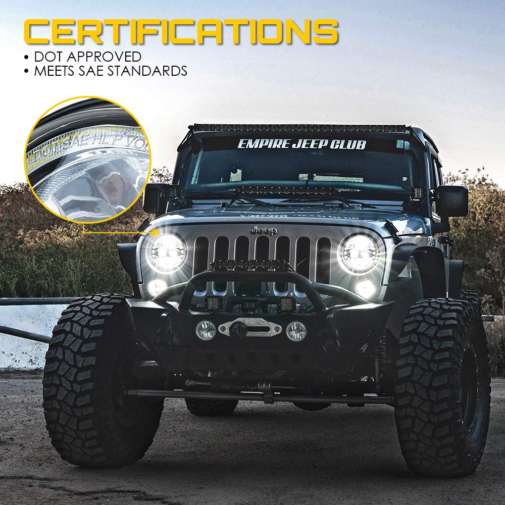 Xprite 7 Inch Led Headlights Dot Approved Compatible With Jeep Wrangler Jk Lj Cj Tj Hummber H1 H2 1997-2018, With High/Low Beam, Halo Drl Round Headlamps
