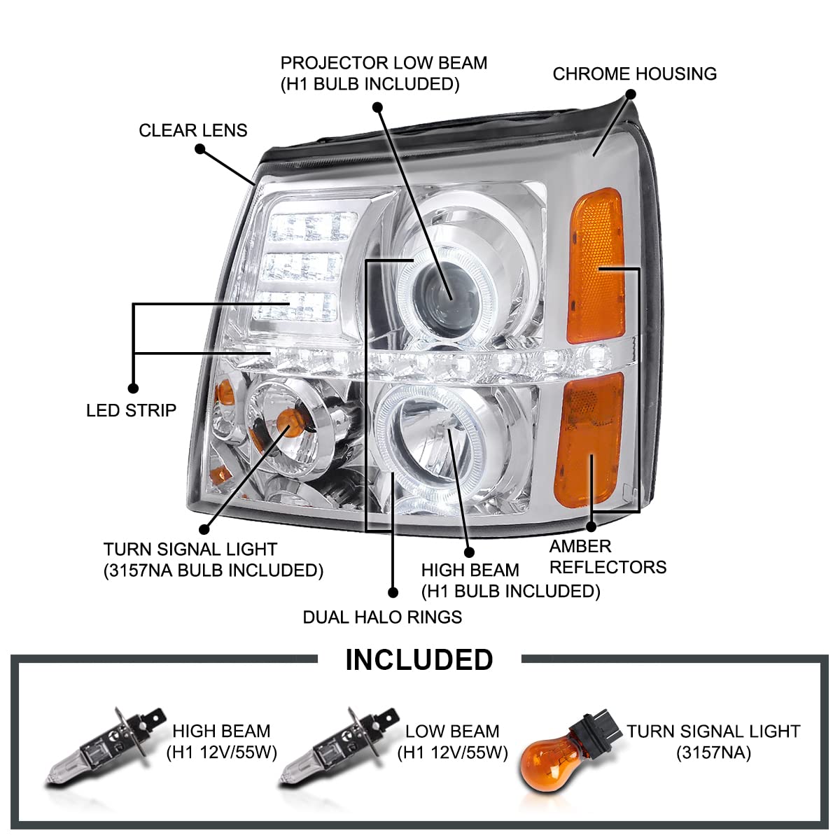 Spec-D Tuning Led Dual Halo Chrome Housing Clear Lens Headlights Compatible With 2002-2006 Cadillac Escalade All, Left + Right Pair Headlamps Assembly