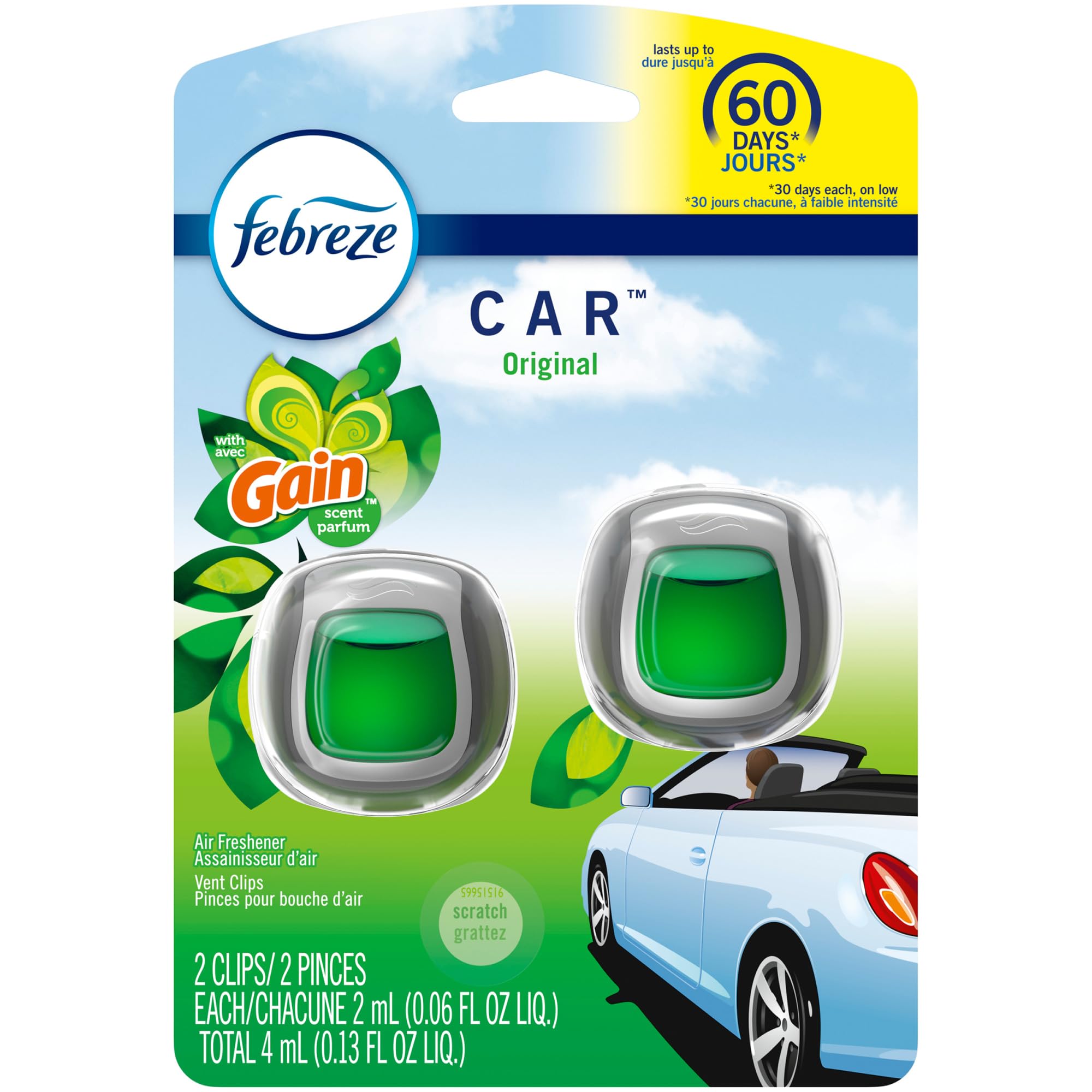 Febreze Car Air Freshener Vent Clip Gain Original Scent, .06 Oz. Car Vent Clip, 2 Count