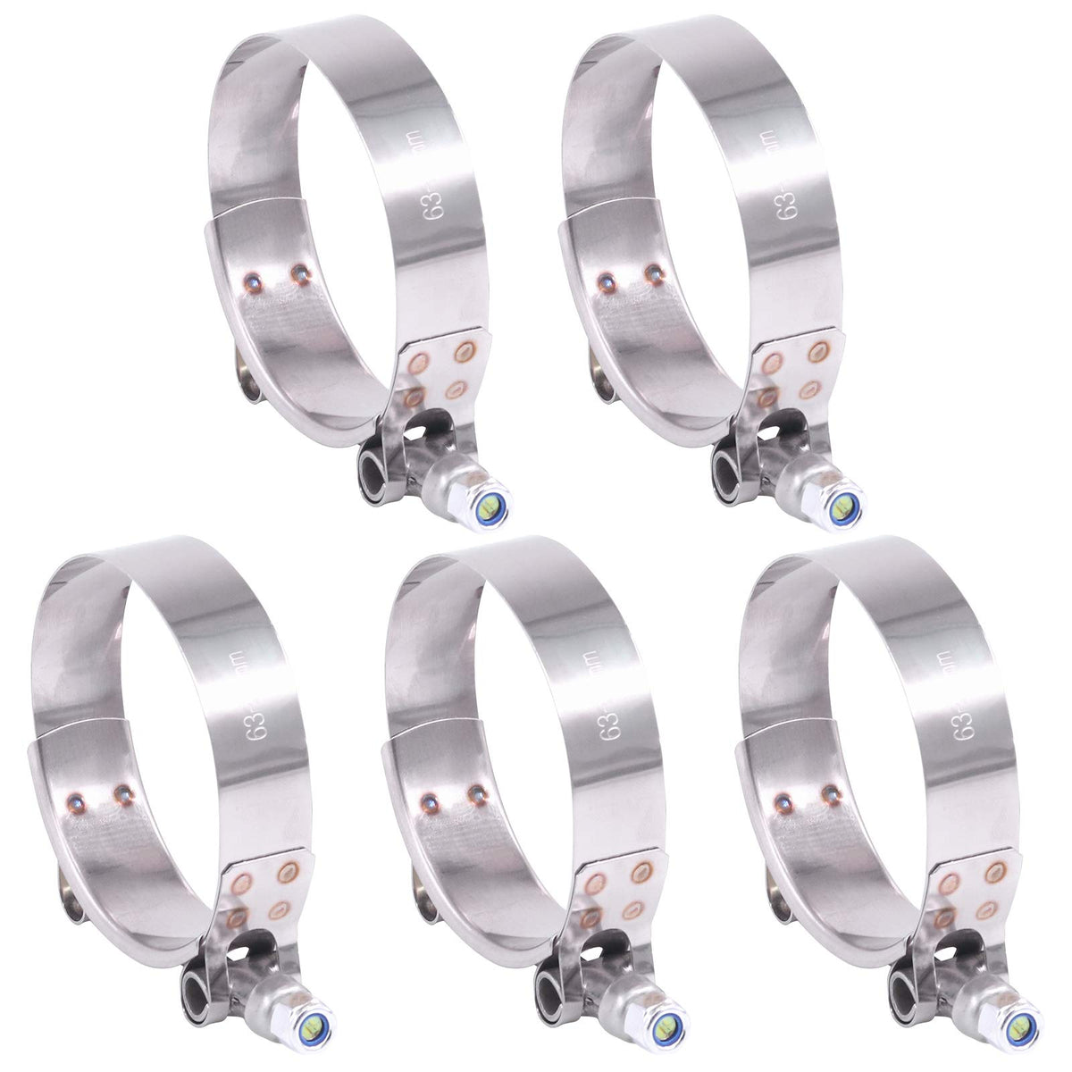 Hilitchi 5Pcs Stainless Steel T-Bolt Clamps With Rounded Band Edges Heavy Duty Turbo Intake Intercooler Clamp (63-71Mm) For 2 1/