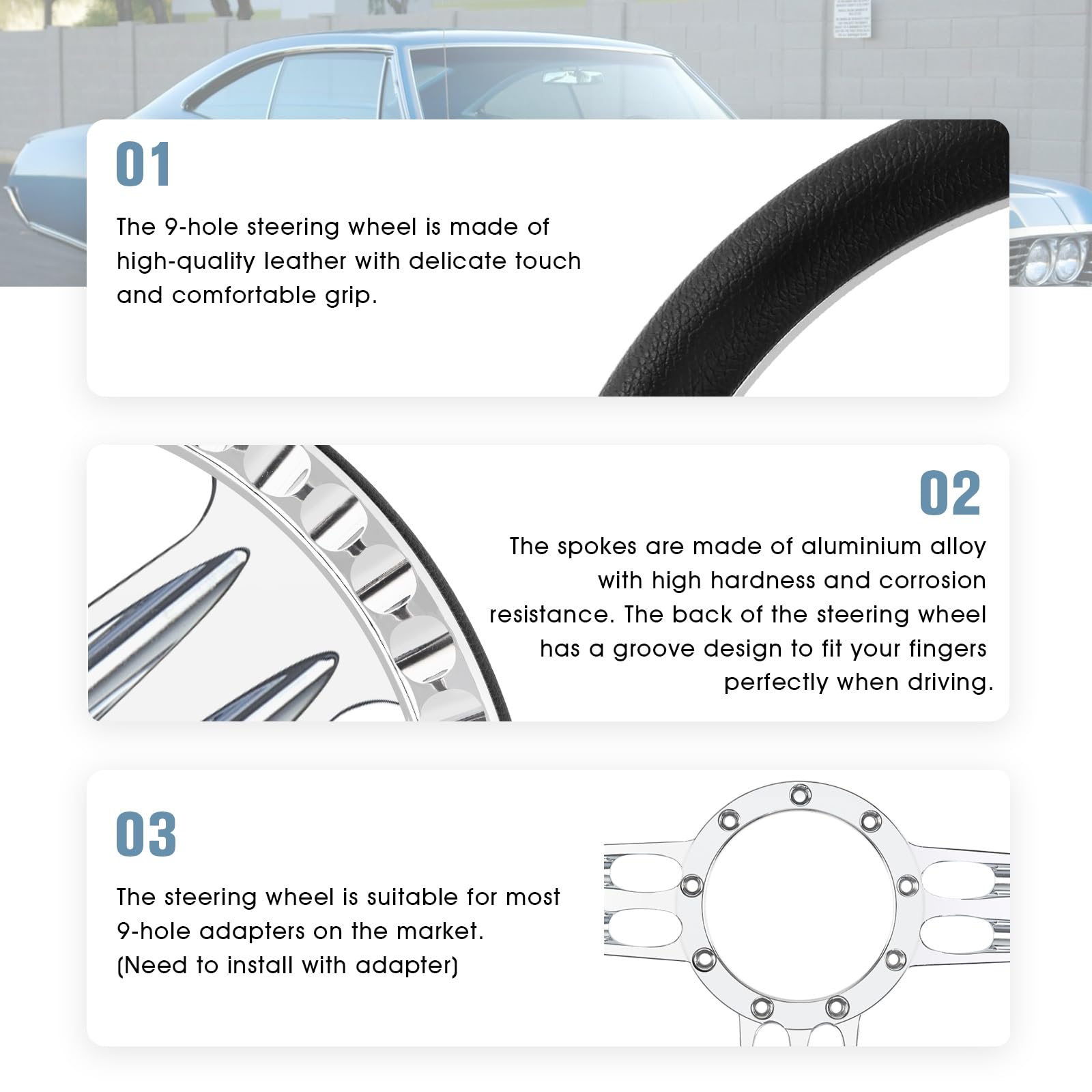 QYMOPAY 14 Black Leather 3 Spoke Steering Wheel - Fits Most 9 Hole Car Models, Durable Billet Design