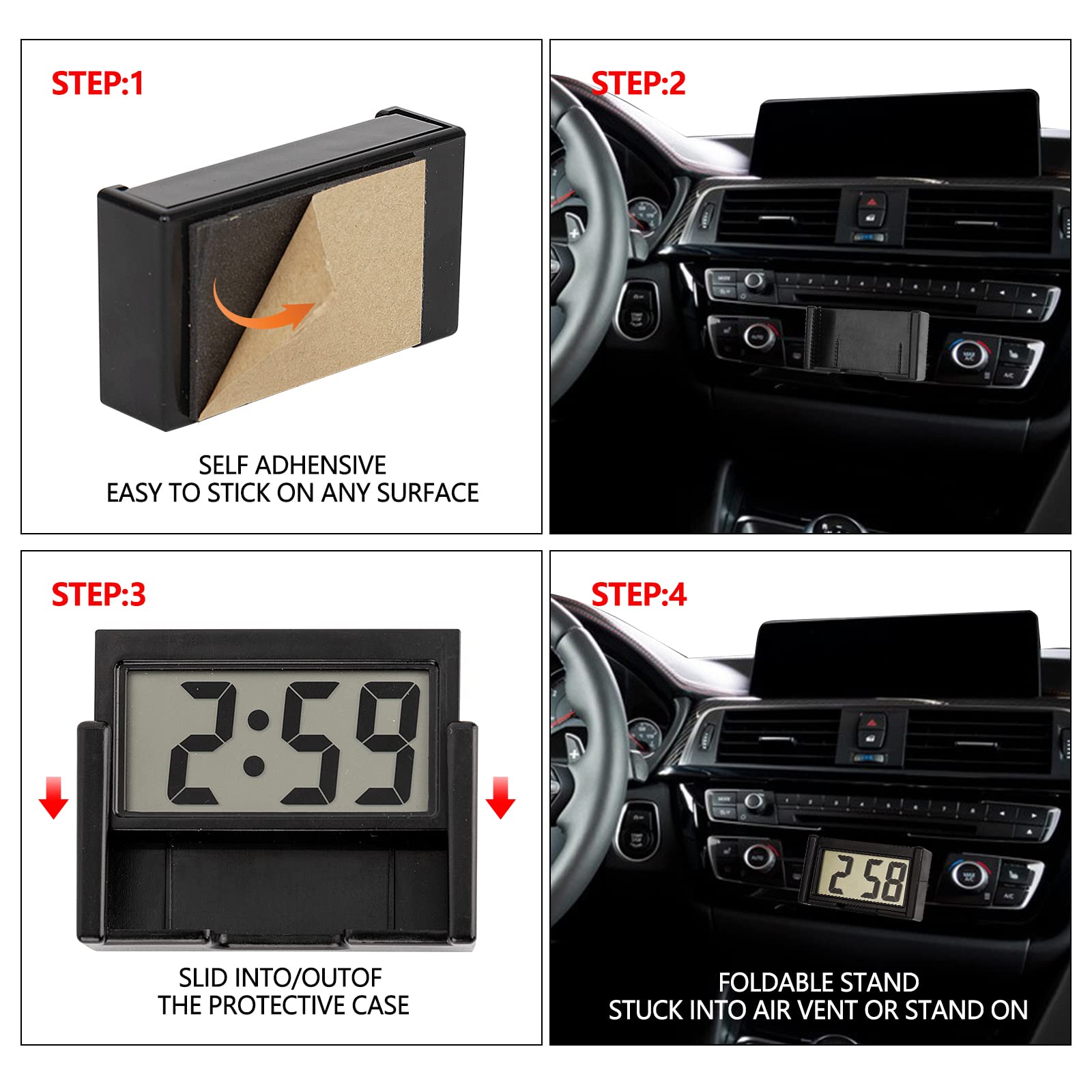 Youngfly 4Pcs Small Digital Clock, Vehicle Adhesive Clock With Jumbo Lcd Time & Day Display, Mini Car Dashboard Clock Battery Op