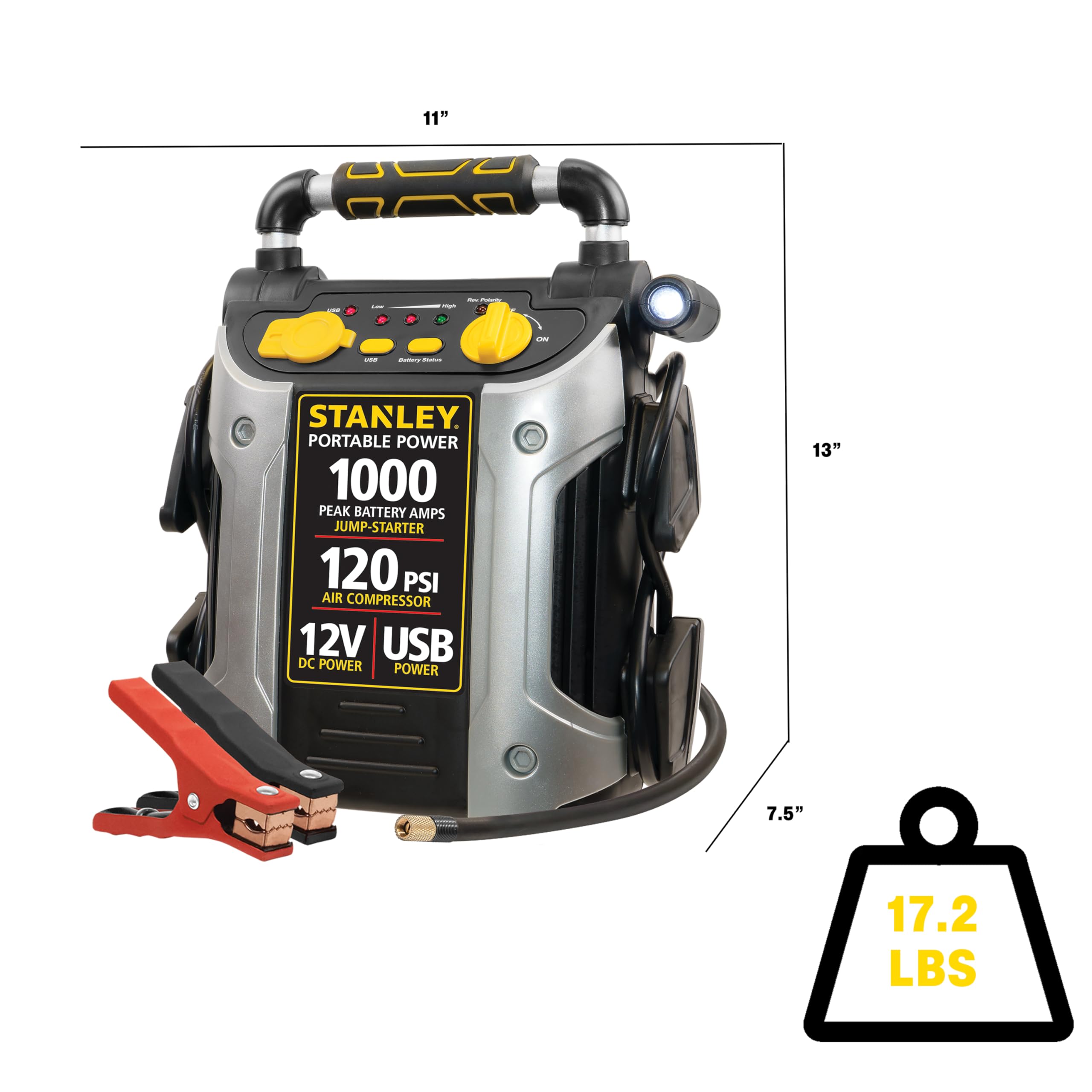 STANLEY J5C09 Portable Power Station Jump Starter 1000 Peak Amp Battery Booster, 120 PSI Air Compressor, USB Port, Battery Clamps