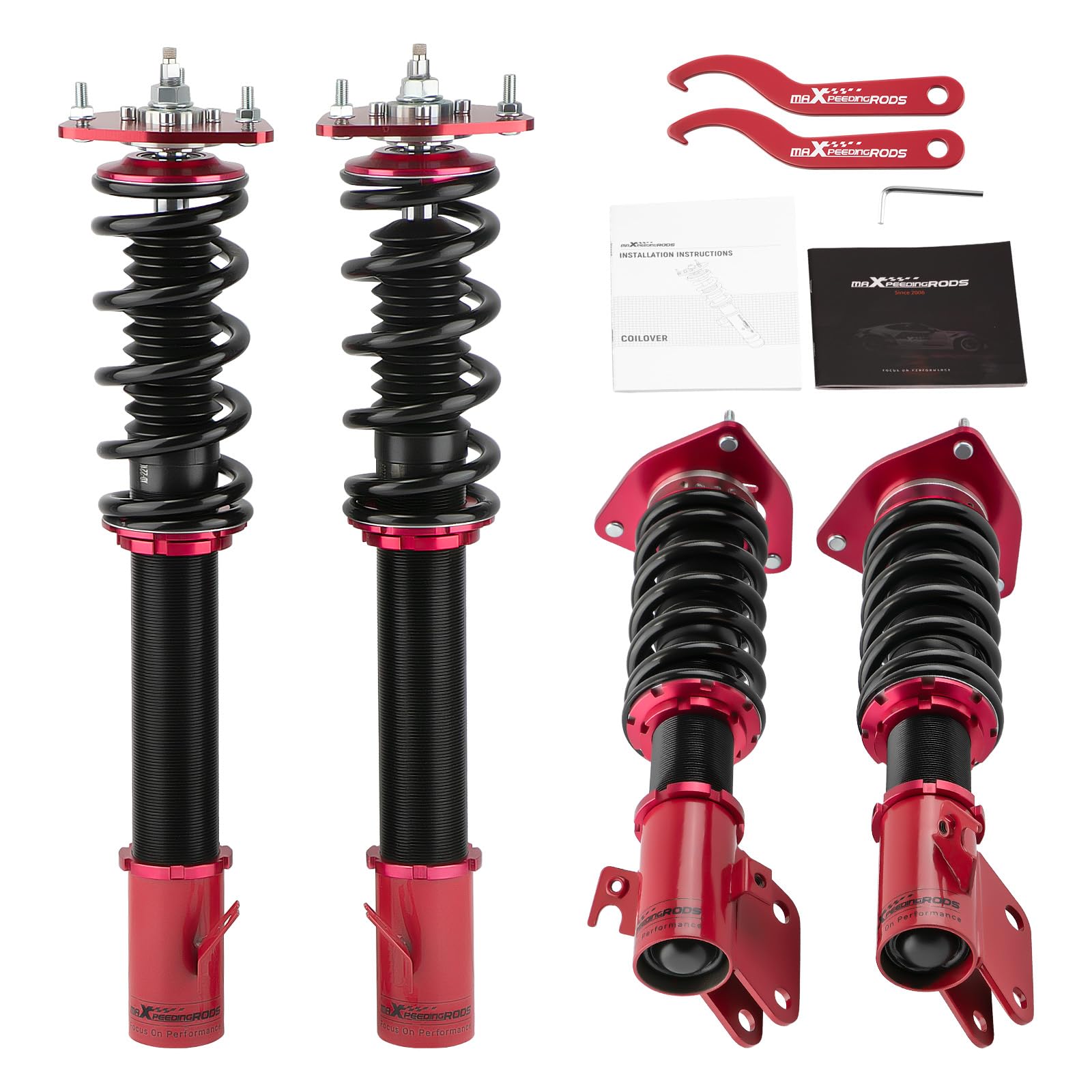 Maxpeedingrods Coilover Adjustable For Subaru Impreza Wrx 2000-2007, For Saab 9-2X 2005-2007, For Subaru Forester 03-08; 24 Level Adjustable Damper Coilovers Suspension Kit, Shock Absorber Red