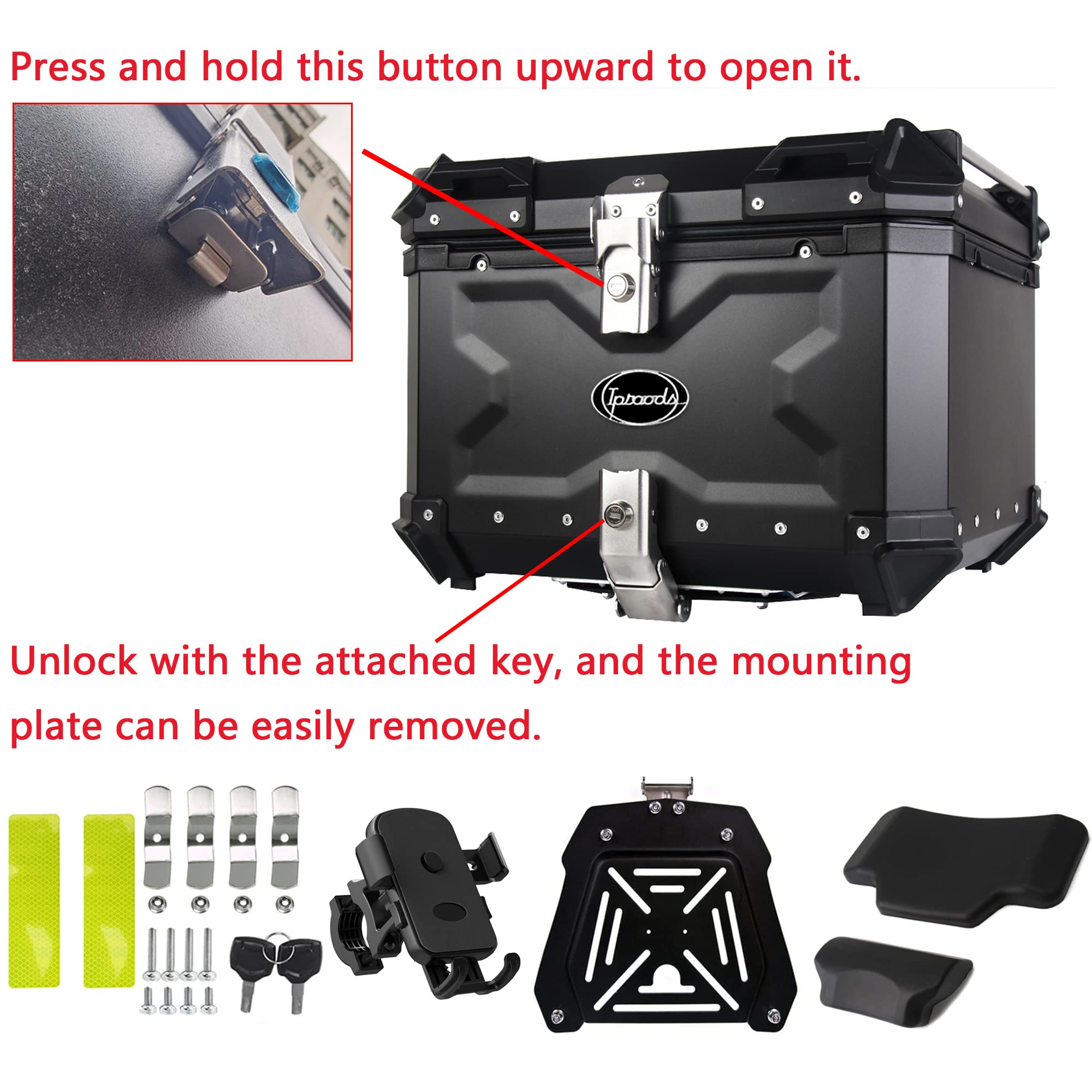 Iproods 55L Motorcycle Top Case, Aluminum Alloy Universal Motorcycle Tail Box With Backrest & Phone Mount Holder, Dual-Key Stora