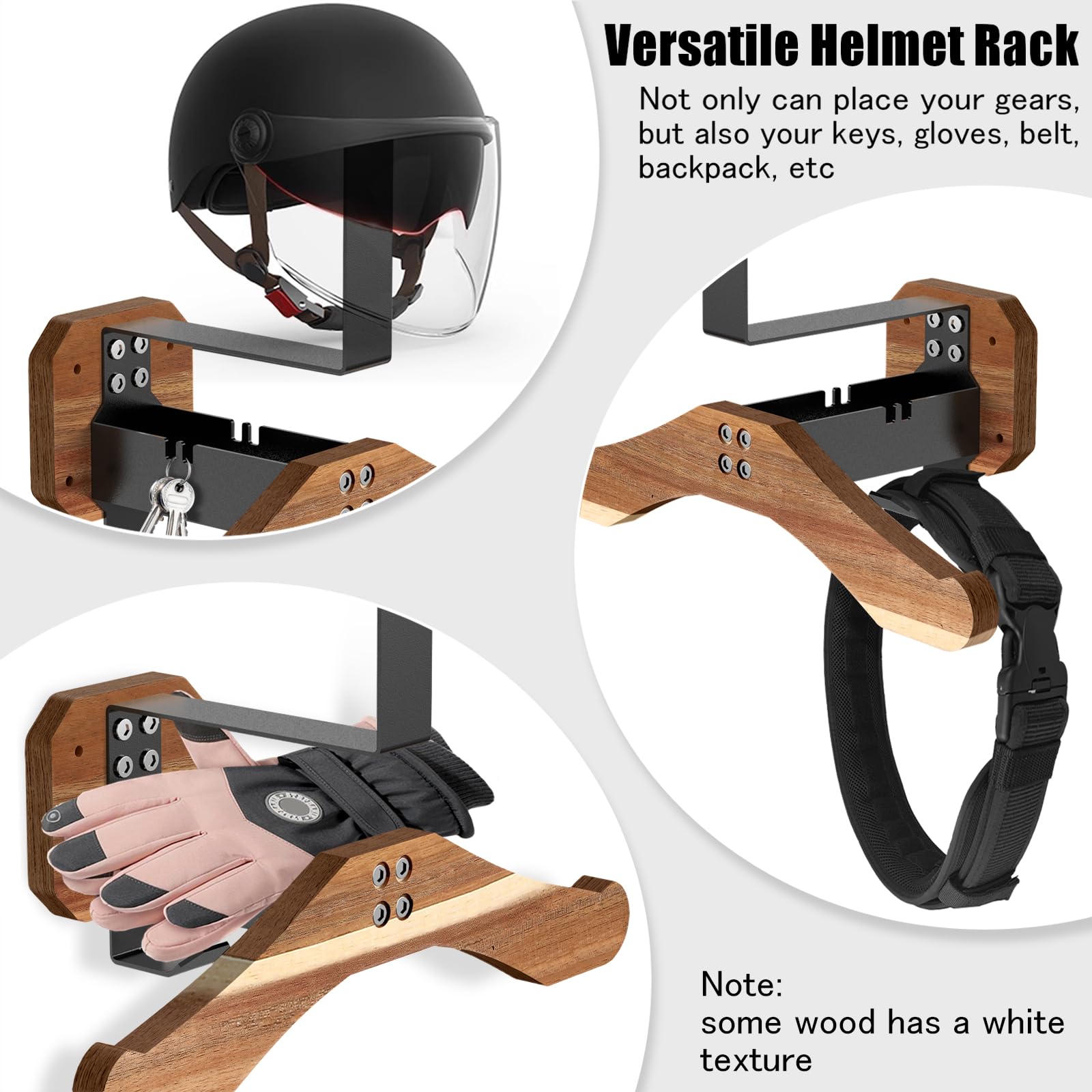 Helmet Holder- Boldbypin Motorcycle Helmet Rack Wall Mount , Solid Wood & Heavy Duty Steel Helmet Wall Mount For Motorcycle/Football/Cycling Skiing/Tactical Gear Wall Hanger