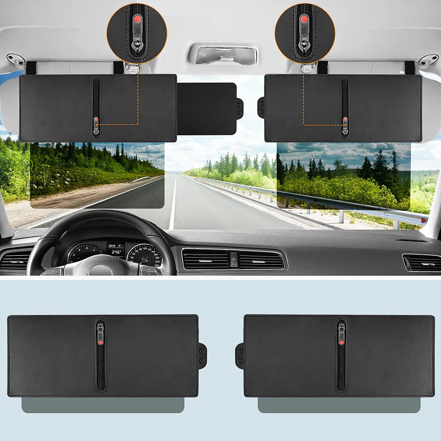 Veharvim 2 Pack Polarized Sun Visor Extender/ Extension With Pc Lens And Side Sunshade, Anti-Glare, Uv-Filtering For Car With Zipper Slider (Driver + Passenger Side), Upgraded Uv400