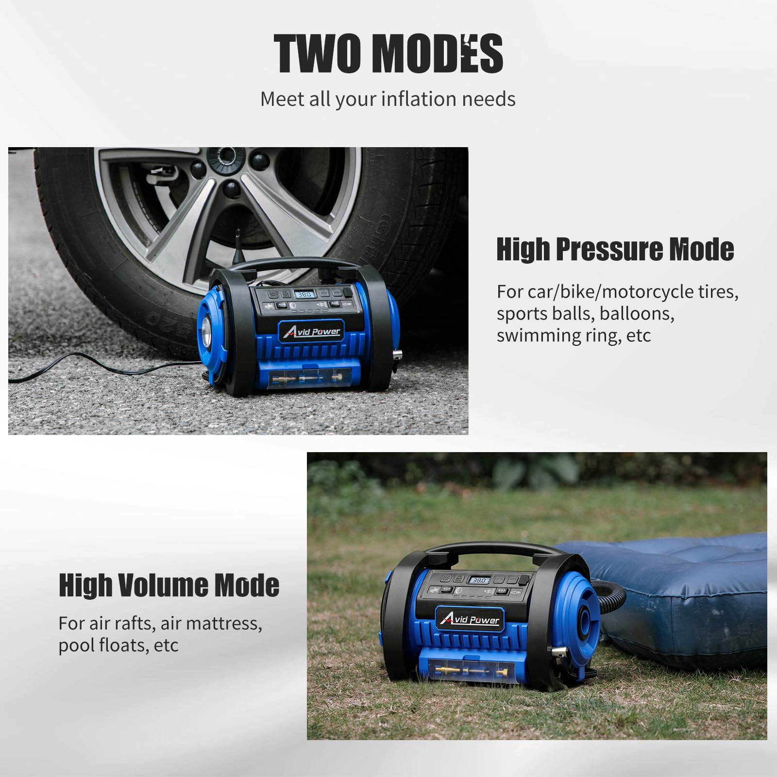 Avid Power Tire Inflator Portable Air Compressor, 12V Dc / 120V Ac Car Tire Pump, Air Mattress Pump With Inflation And Deflation Modes, Dual Powerful Motors, Digital Pressure Gauge