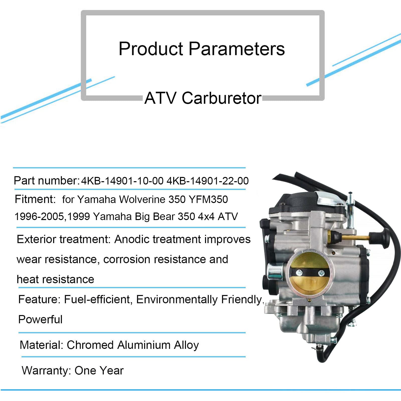 Carburetor Replacement For Yamaha Wolverine 350 Yfm350Fx Yfm350 Fx 4X4 1996-2005 & 1999 Yamaha Big Bear 350 Yfm350 4X4 Atv4Kb-14901-10-00 4Kb-14901-22-00