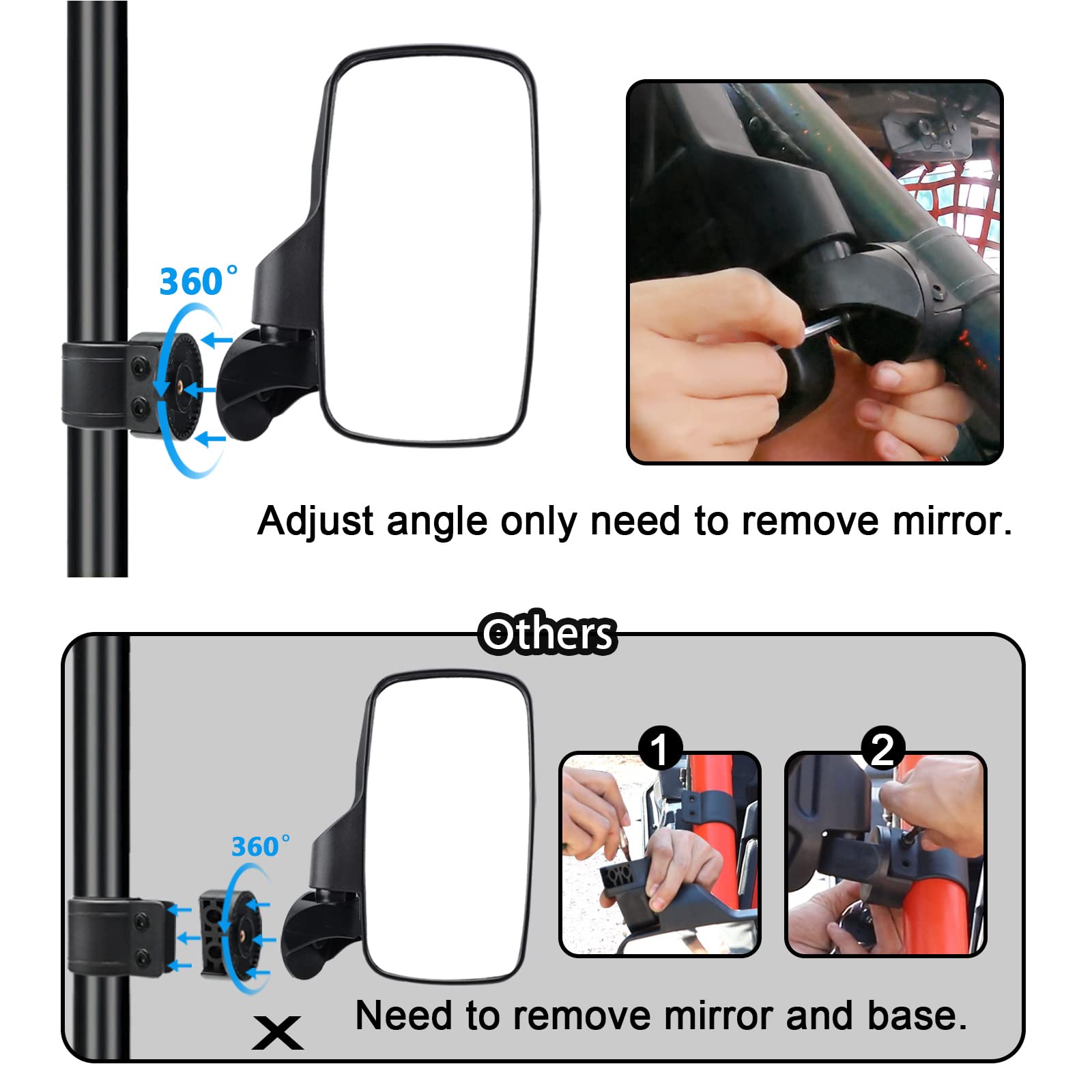 Betooll Upgraded Adjustable Pair Utv Side Mirror Set 1.75 Or 2Inch Roll Bar Cage, Universal Utv Side View Mirrors High Impact(Pack Of 2)