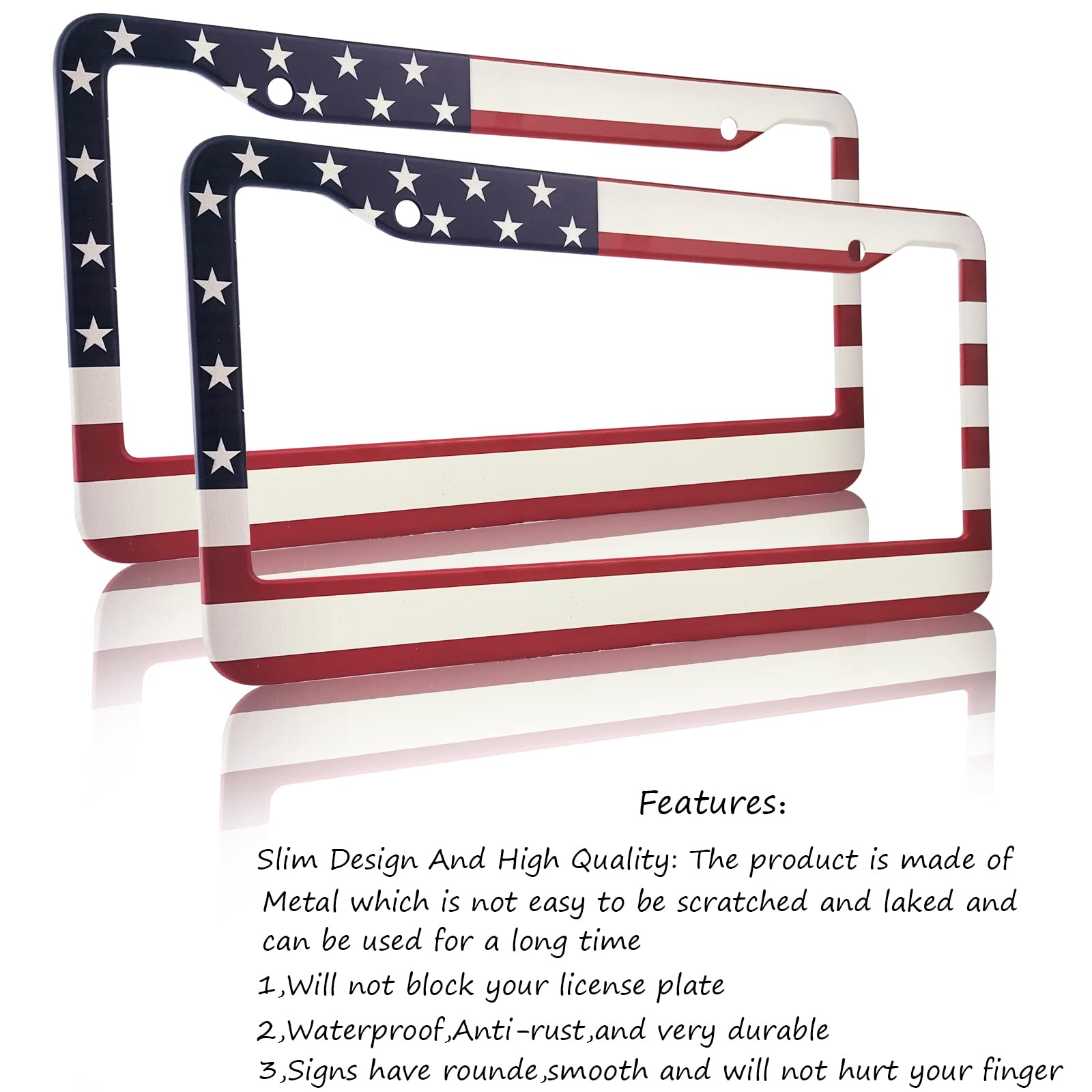 American Flag License Plate Frame,Patriotic License Plate Frame ,Flag License Plate Frame Us Car Tag Frames Holders Covers Stainless Aluminum 2 Pack 2 Holes Car Accessories Decorative Set For 2Pcs Men