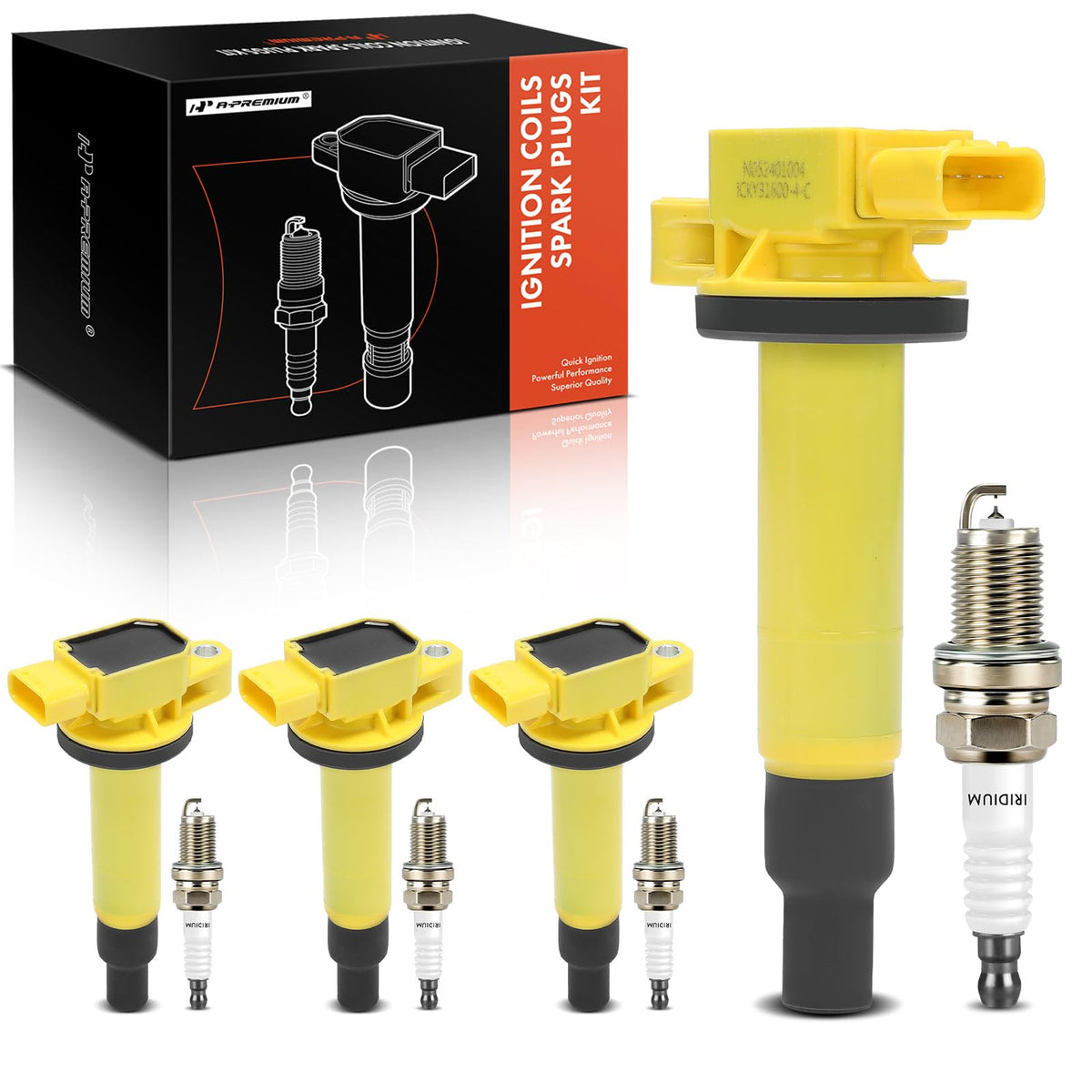 A-Premium (Yellow) Set Of 8 Ignition Coil Pack And Iridium Spark Plugs Compatible With Toyota Prius 2001-2009, Yaris 2006-2018,
