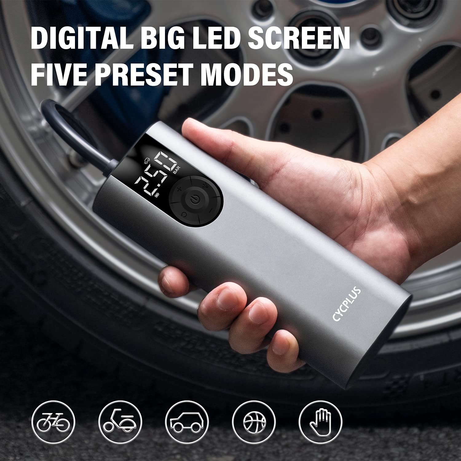 Cycplus A8 Portable Tire Pump Smart Air Inflator Electric Mini Air Compressor With 2*2600Mah Rechargeable Battery And Type-C Por