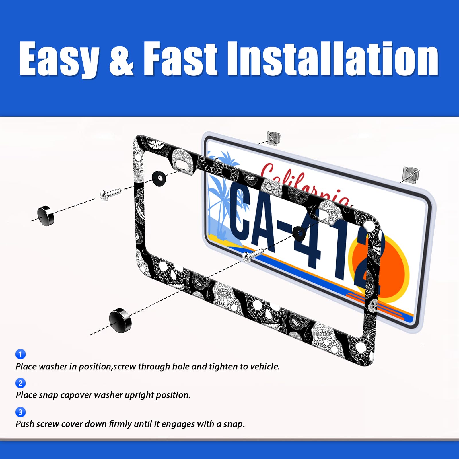 Sugar Skull License Plate Frames Black and White License Plate Holder for Car Decor Parts Personalized Stainless Steel License P