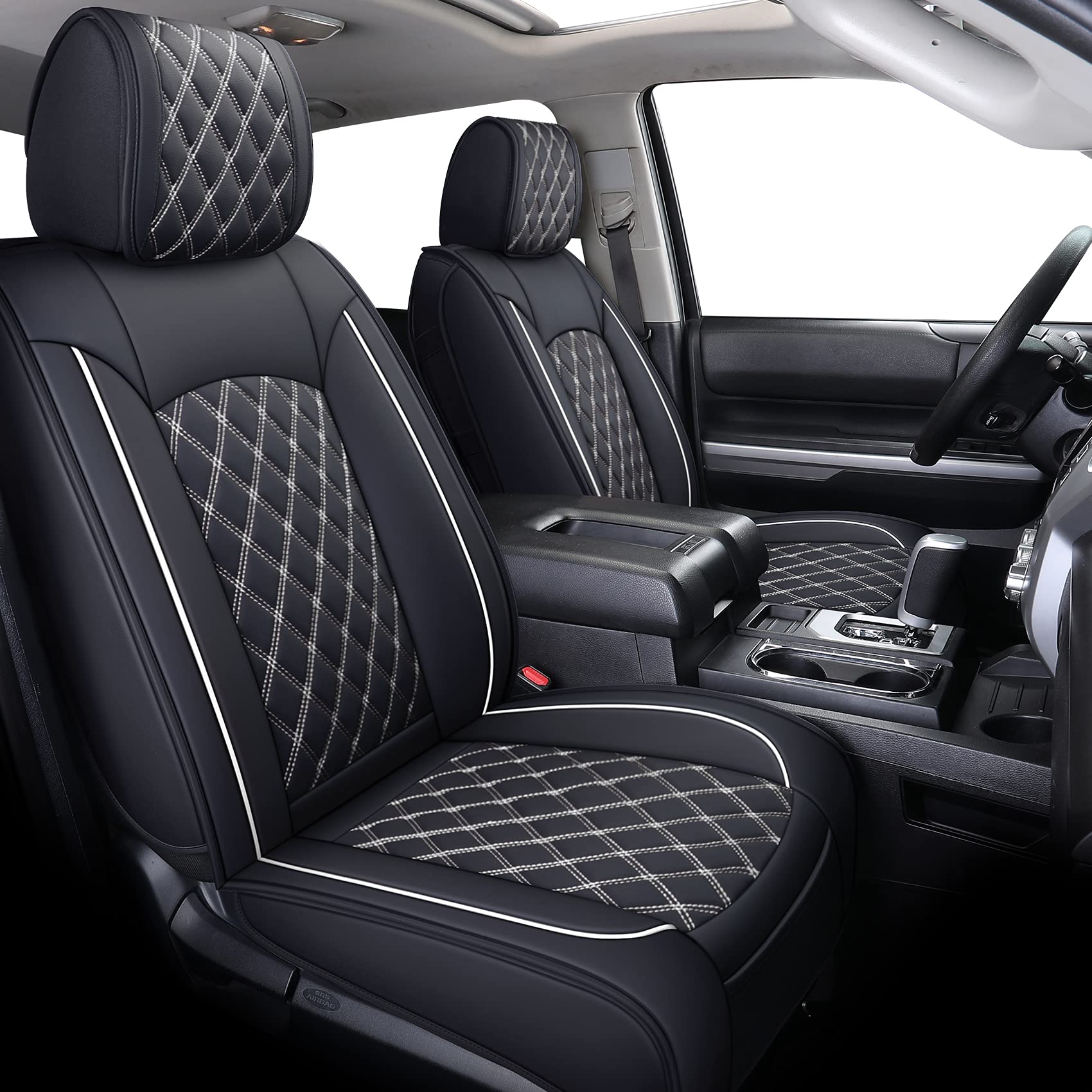 Yiertai Seat Covers For Toyota Tundra Truck Custom Fit 2008-2023 2024 2025 Crewmax Double Cab Crew Cab Waterproof Leather Airbag Compatible(2 Pcs Front Only/Black-White)