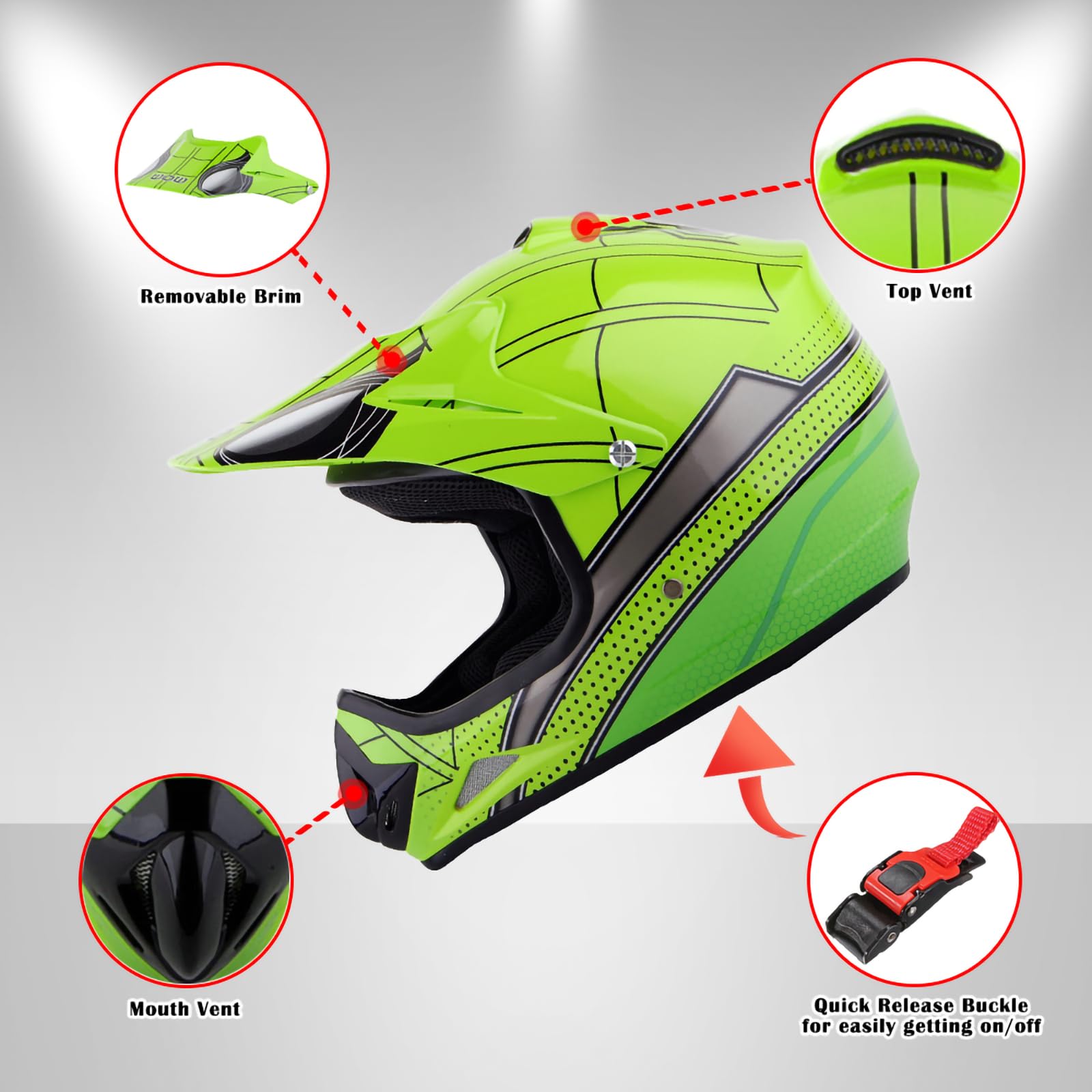 Wow Youth Kids Motocross Helmet Bmx Mx Atv Dirt Bike Helmet Spider Green + Goggles + Mg Youth Green Glove Bundle