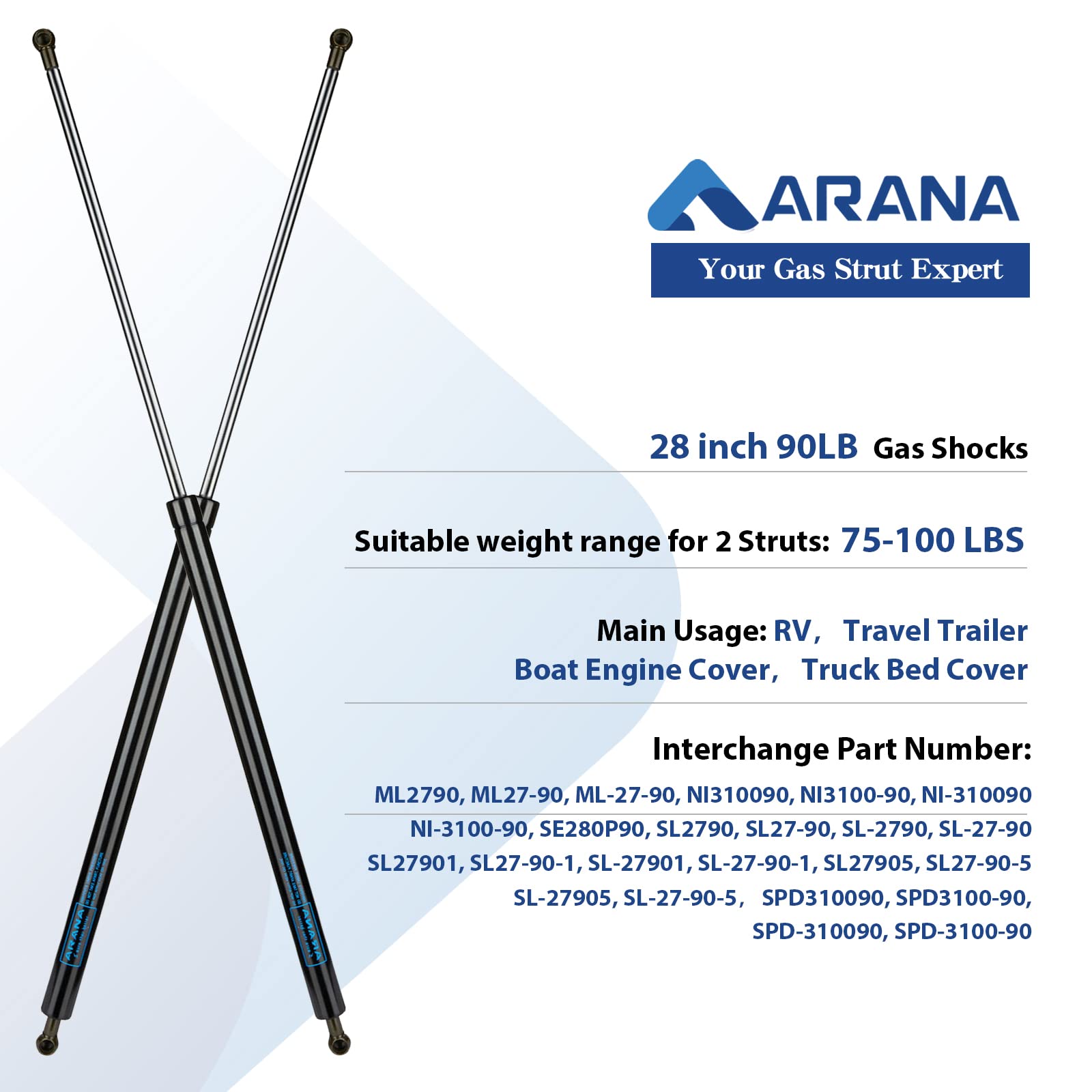 Sl2790 28 Inch 90Lb Gas Shocks Struts Ml2790 90Lb/400N Gas Spring Lift Supports For Rv Bed Storage Box Lid Tonneau Cover Truck B