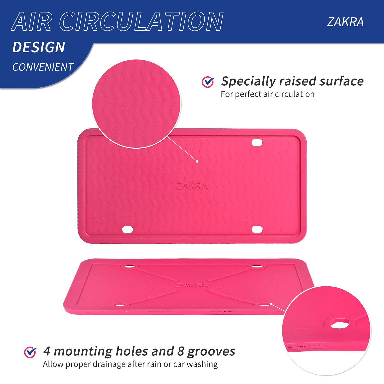 ZAKRA Silicone License Plate Frames, 2 Pack, Rust-Proof, Weather-Proof, Hotpink, Model FRAMES-HOTPINK