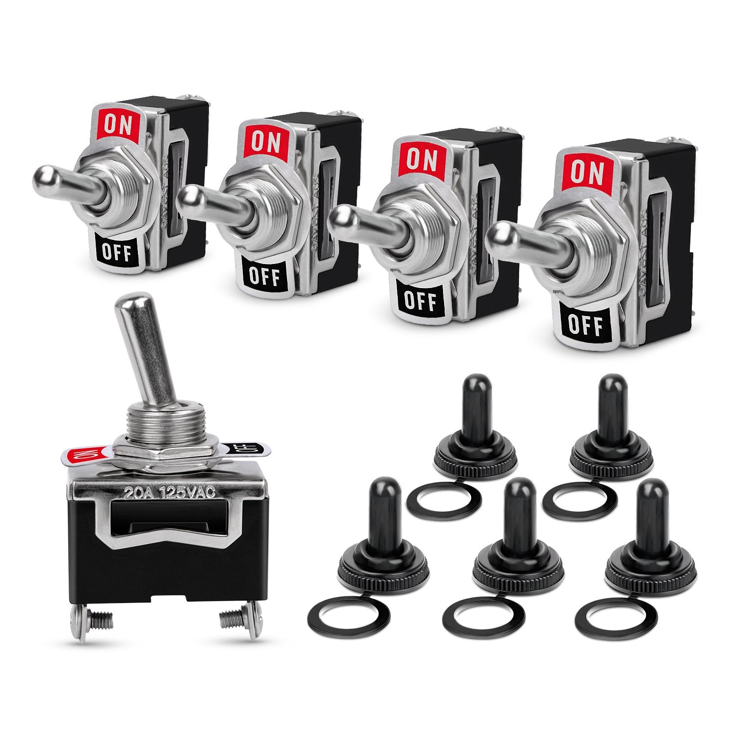Nilight 90012E Heavy Duty Rocker Toggle 15A 250V 20A 125V SPST 2Pin ON/Off Switch Metal Bat Waterproof Boot Cap Cover-5 Pack, 2 
