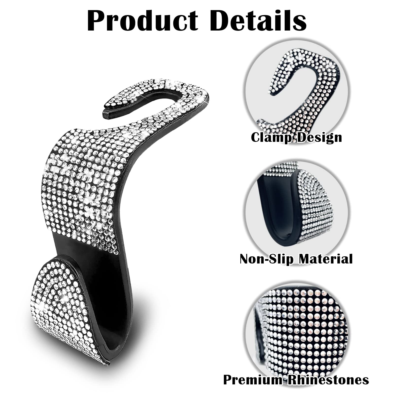 Osifit 2Pcs Car Seat Hooks, Bling Rhinestone Headrest Hooks, Universal Bling Car Interior Accessories, For Handbag, Clothes, Pur
