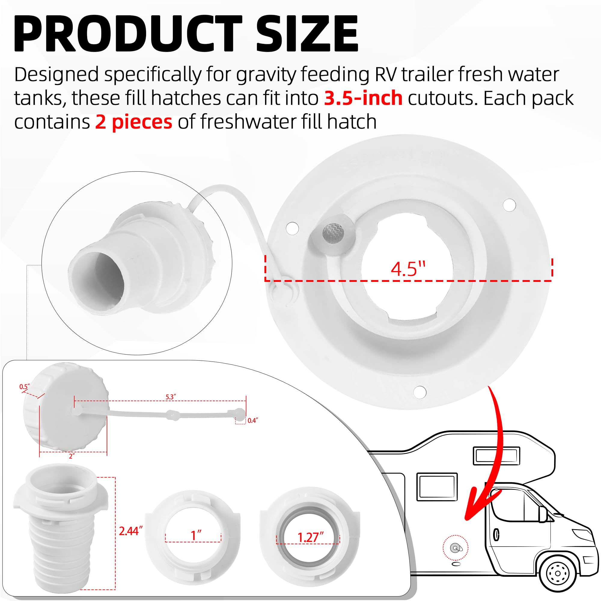 Tongass (2-Pack) Universal Fit Gravity Feed Fresh Water Fill Hatch Inlet For Rv Trailers (White) - 4.5'' Diameter Fill Hatch Inl